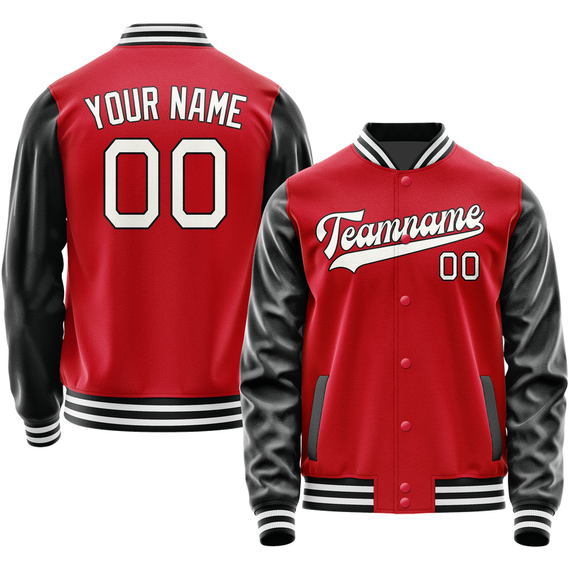 Custom Red Black Solid Color Varsity Letterman Jacket JA02240617XY408