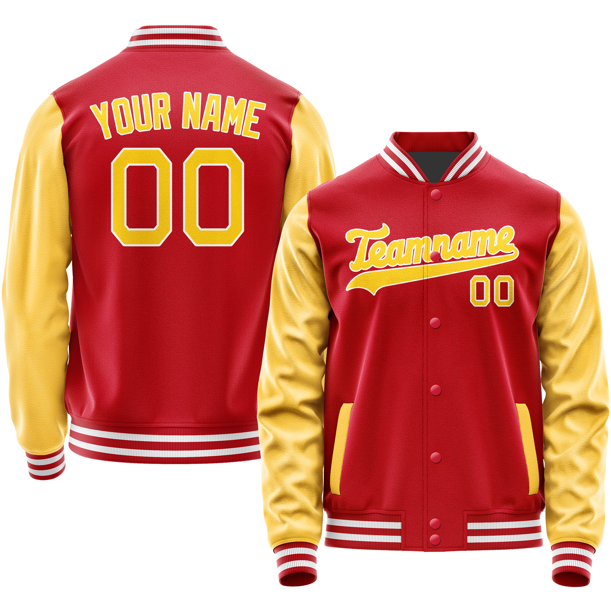 Custom Red Yellow Solid Color Varsity Letterman Jacket JA02240617XY387