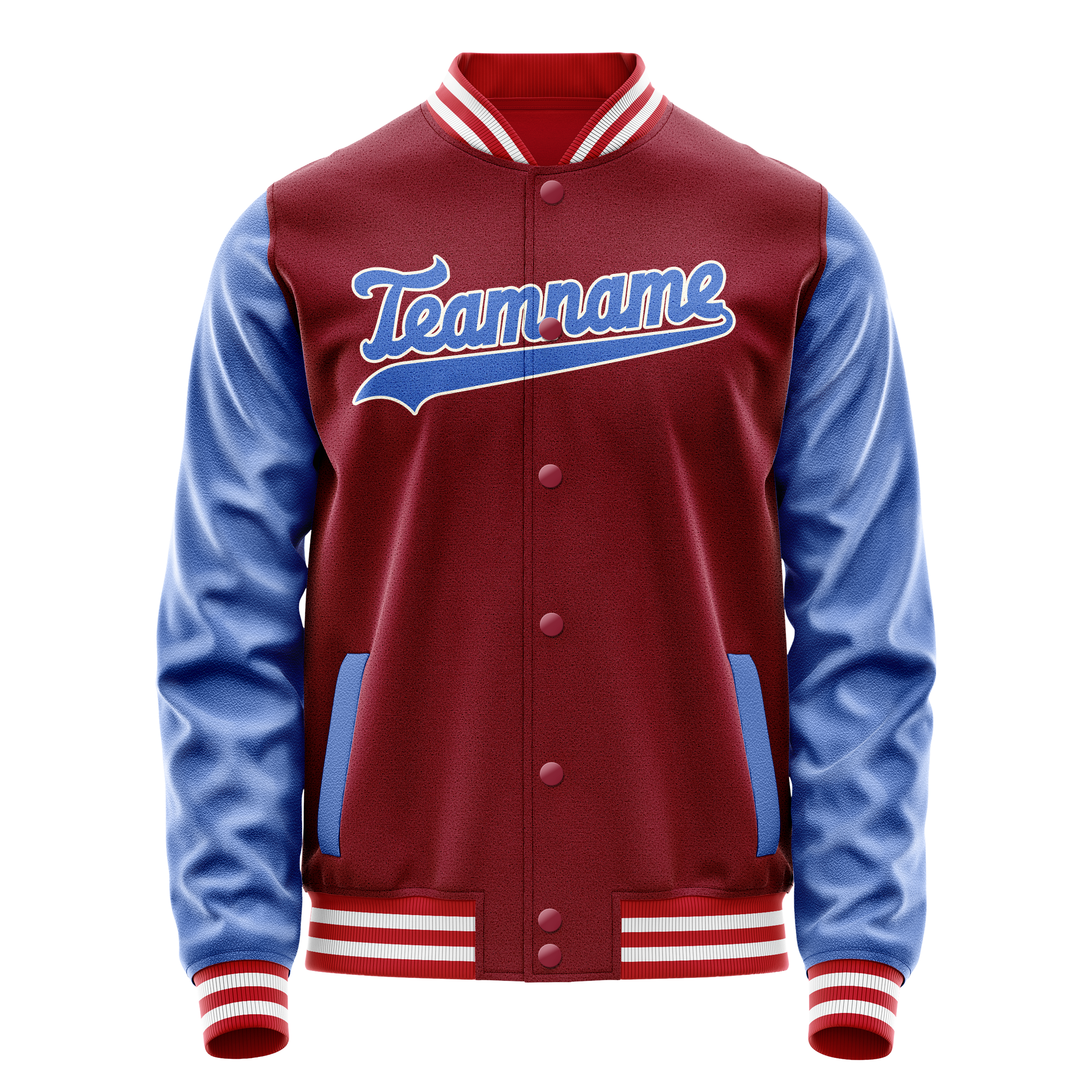 Custom Crimson Light-Blue Solid Color Varsity Letterman Jacket JA02240617KZ528
