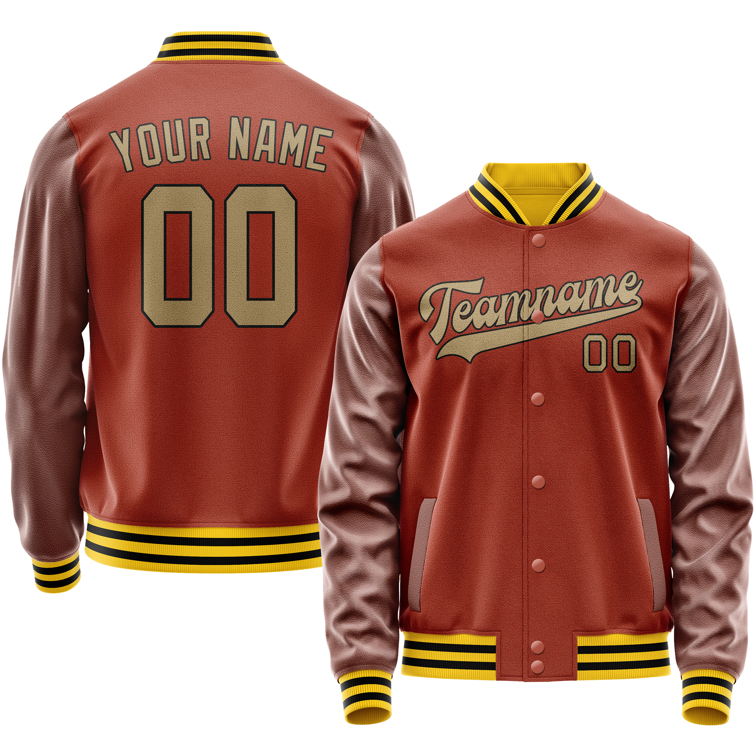 Custom Texas-Orange Old-Gold Solid Color Varsity Letterman Jacket JA02240617JG435