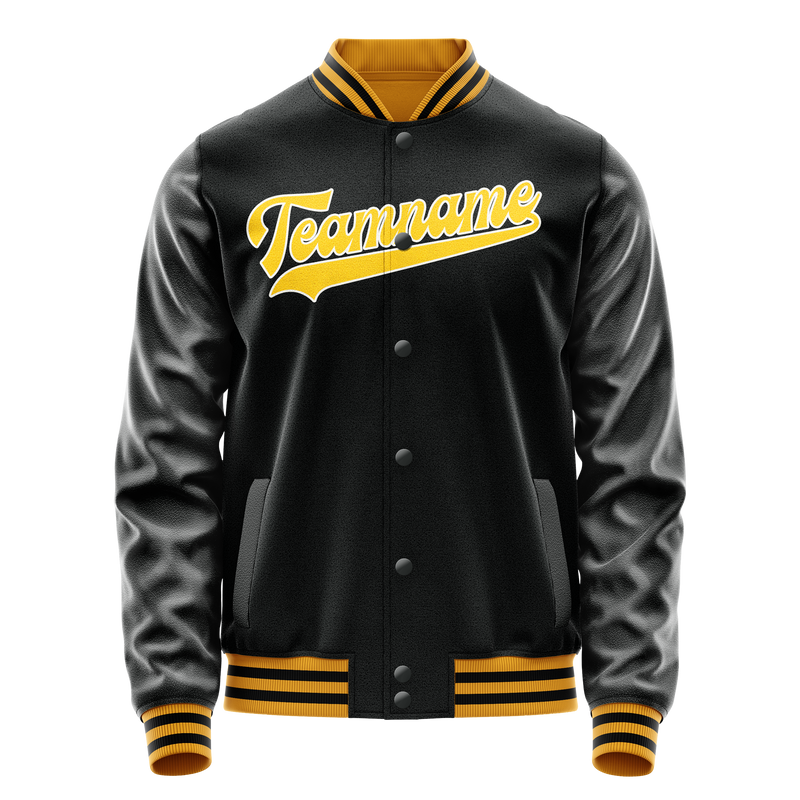 Custom Black Gold Solid Color Varsity Letterman Jacket JA02240617XF020