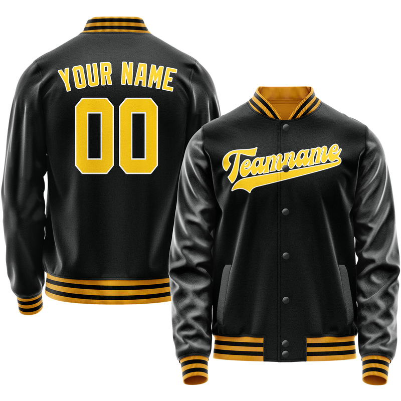 Custom Black Gold Solid Color Varsity Letterman Jacket JA02240617XF020