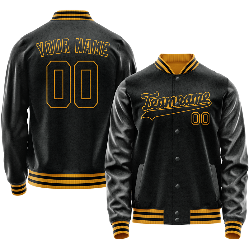 Custom Black Old-Gold Solid Color Varsity Letterman Jacket JA02240617XF027