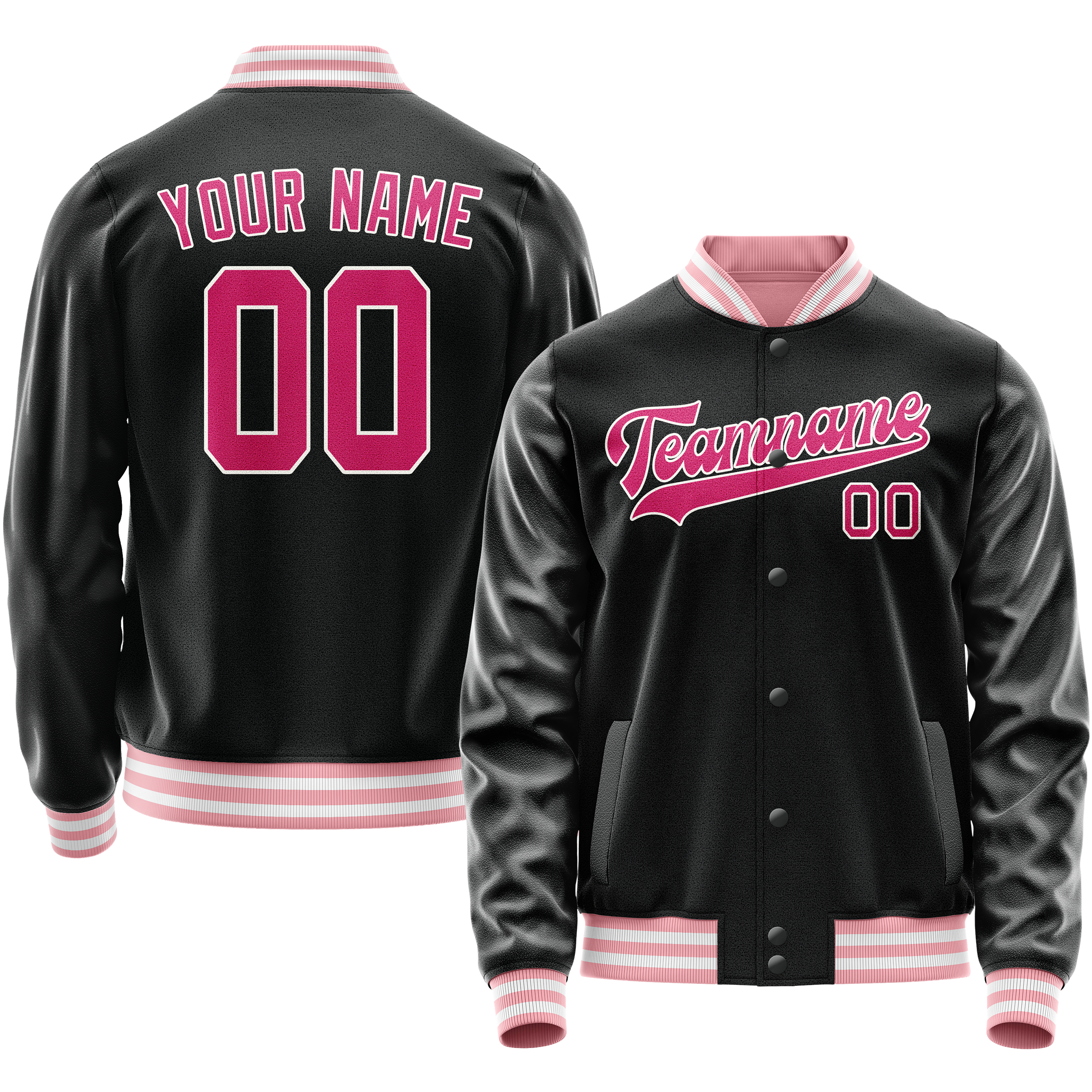Custom Black Pink Solid Color Varsity Letterman Jacket JA02240617XF014