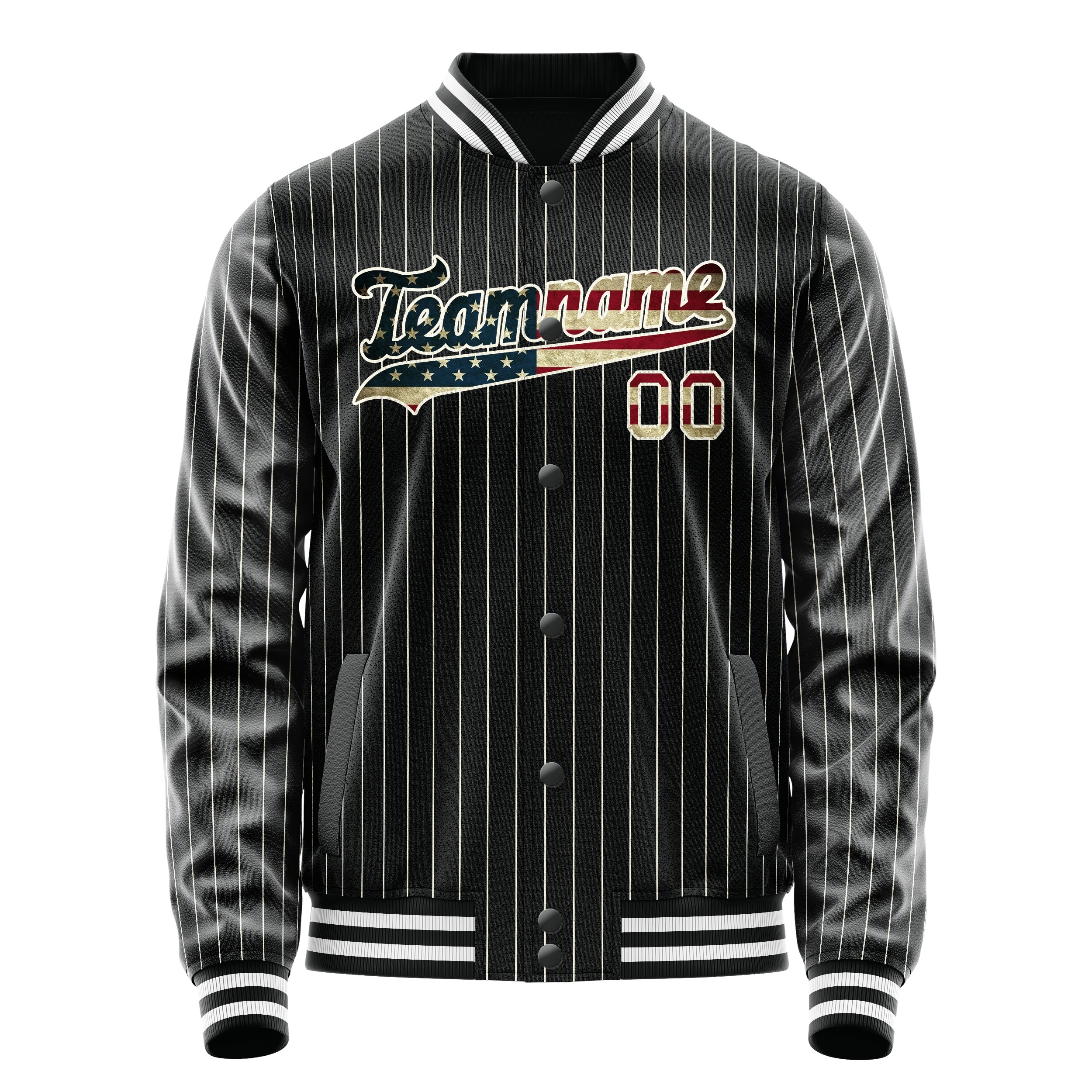 Custom Black Vintage-Usa-Flag Cream Pinstripe Varsity Letterman Jacket JA02240617HF058