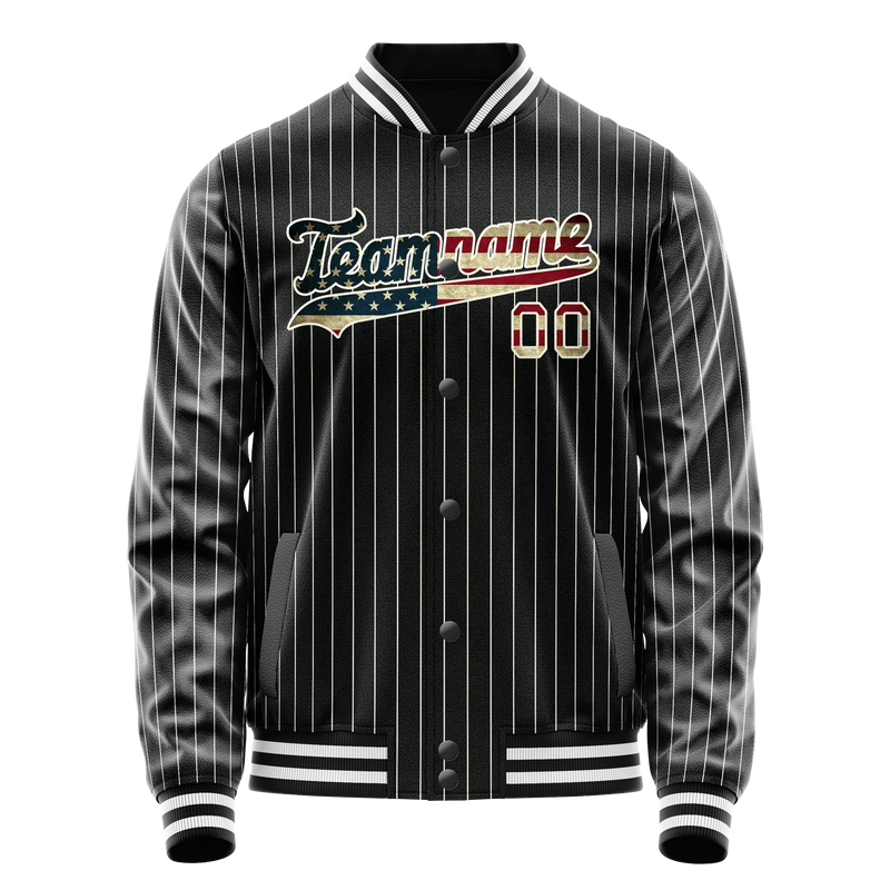 Custom Black Vintage-Usa-Flag Cream Pinstripe Varsity Letterman Jacket JA02240617HF058