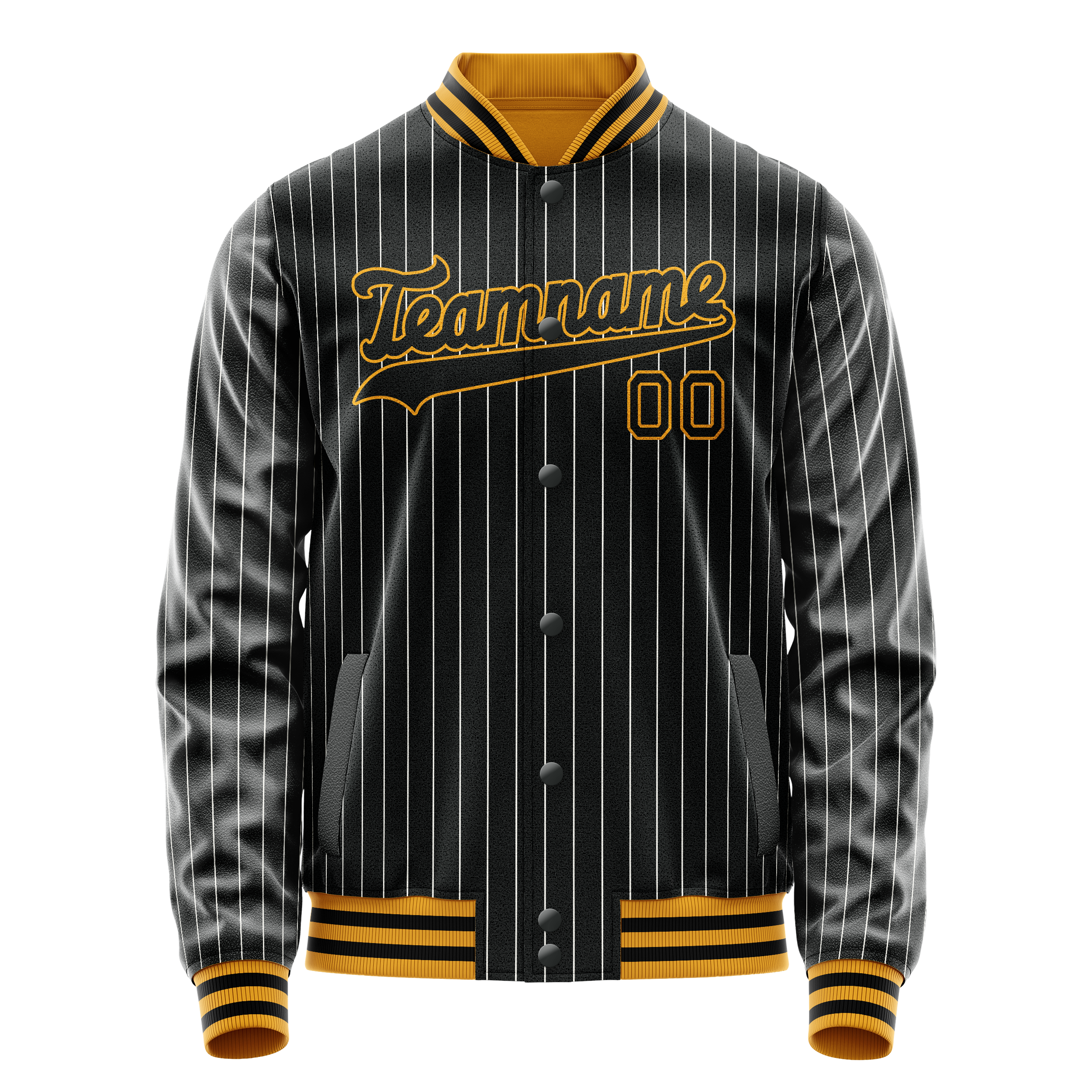 Custom Black Gold Gray Pinstripe Varsity Letterman Jacket JA02240617HF054