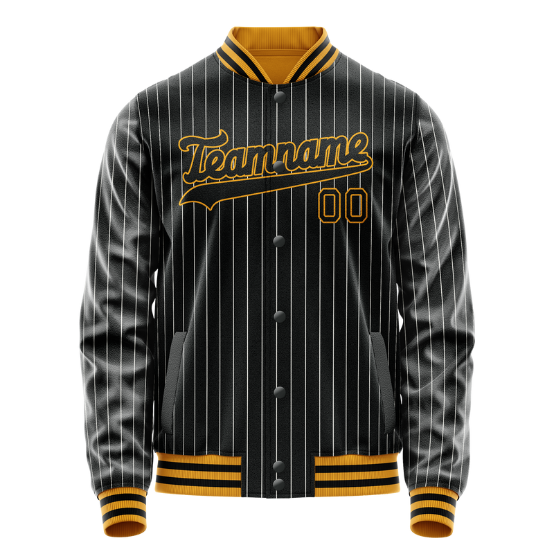 Custom Black Gold Gray Pinstripe Varsity Letterman Jacket JA02240617HF054