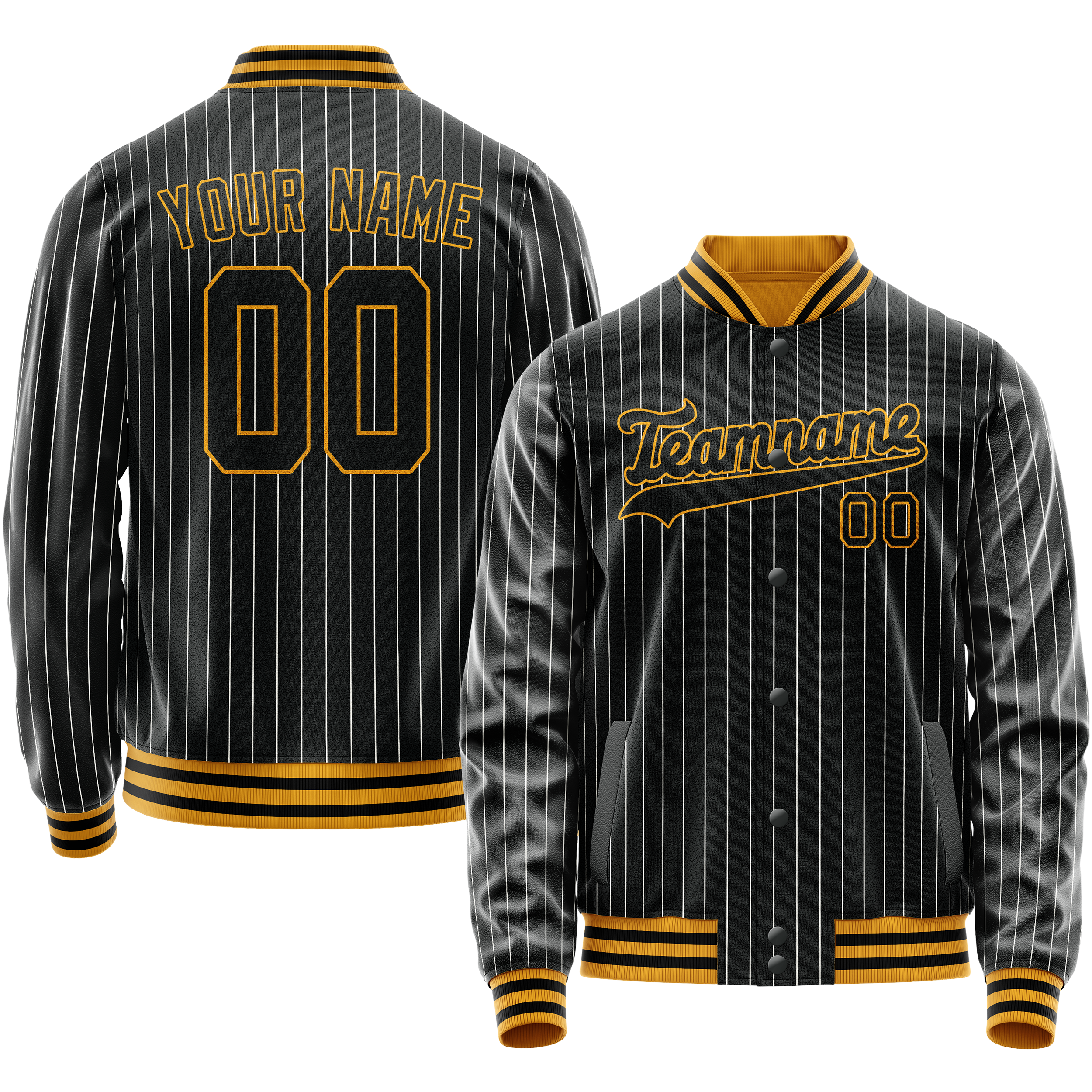 Custom Black Gold Gray Pinstripe Varsity Letterman Jacket JA02240617HF054