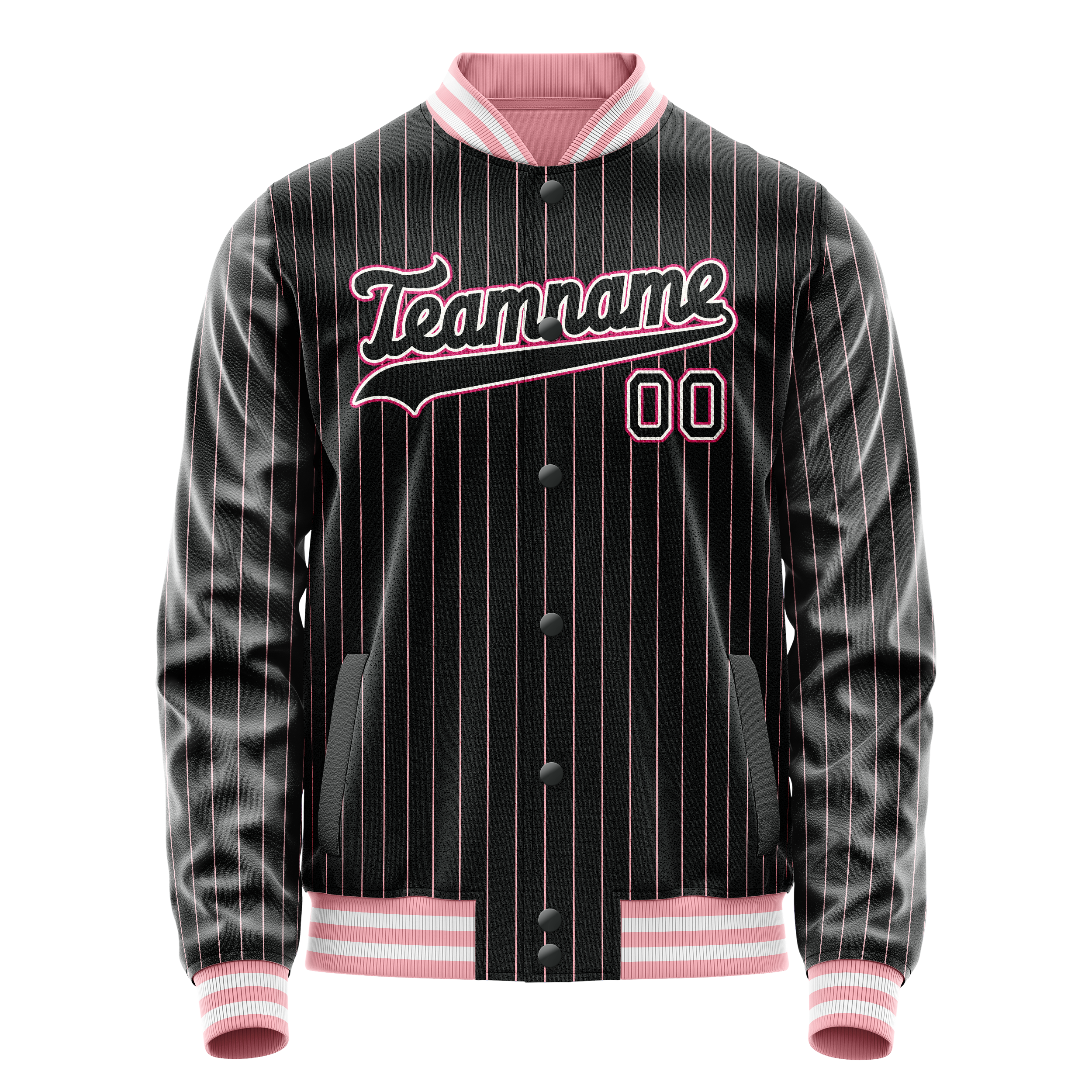 Custom Black Pink Pink Pinstripe Varsity Letterman Jacket JA02240617HF036