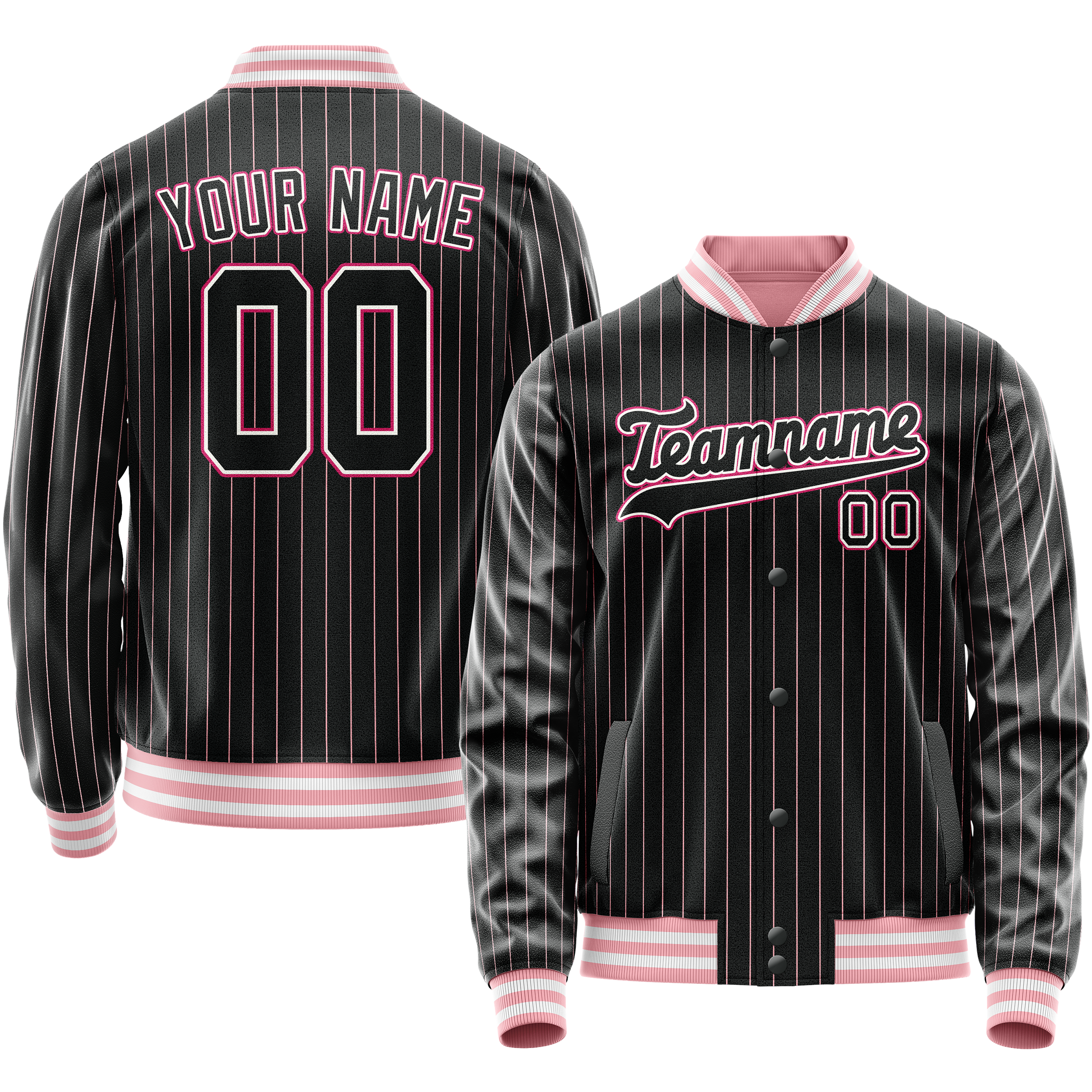 Custom Black Pink Pink Pinstripe Varsity Letterman Jacket JA02240617HF036
