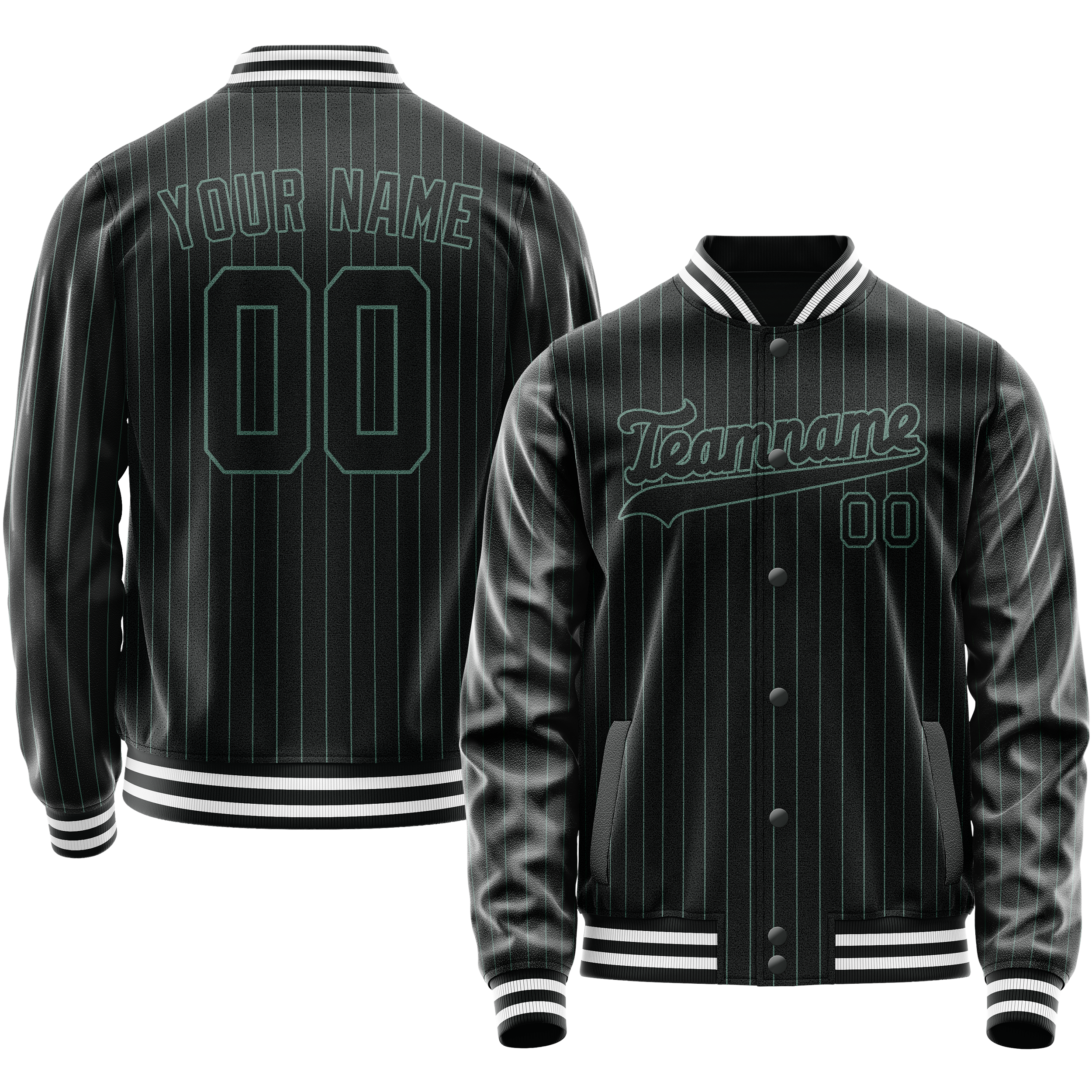 Custom Black Teal Teal Pinstripe Varsity Letterman Jacket JA02240617HF051