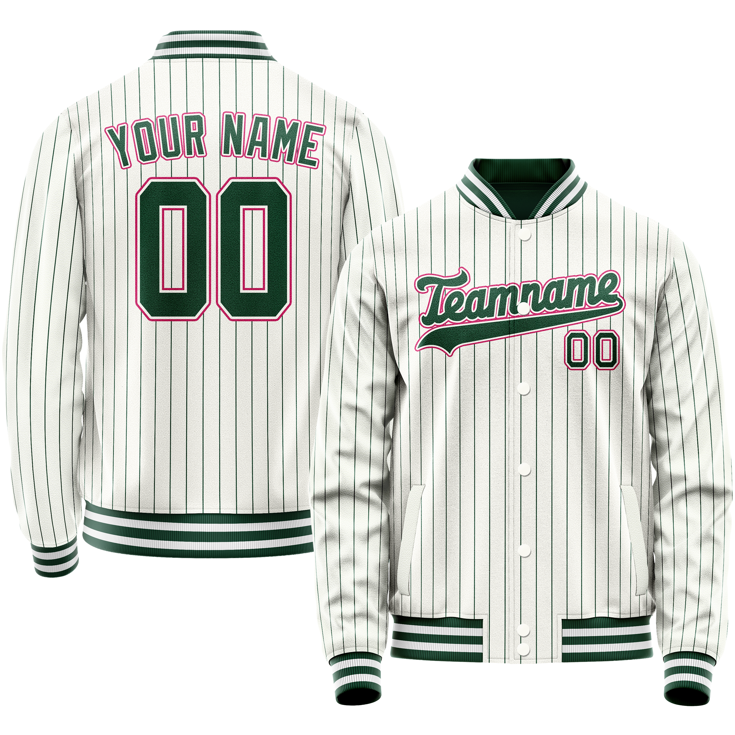 Custom White Pink Kelly Green Pinstripe Varsity Letterman Jacket JA02240617JC503
