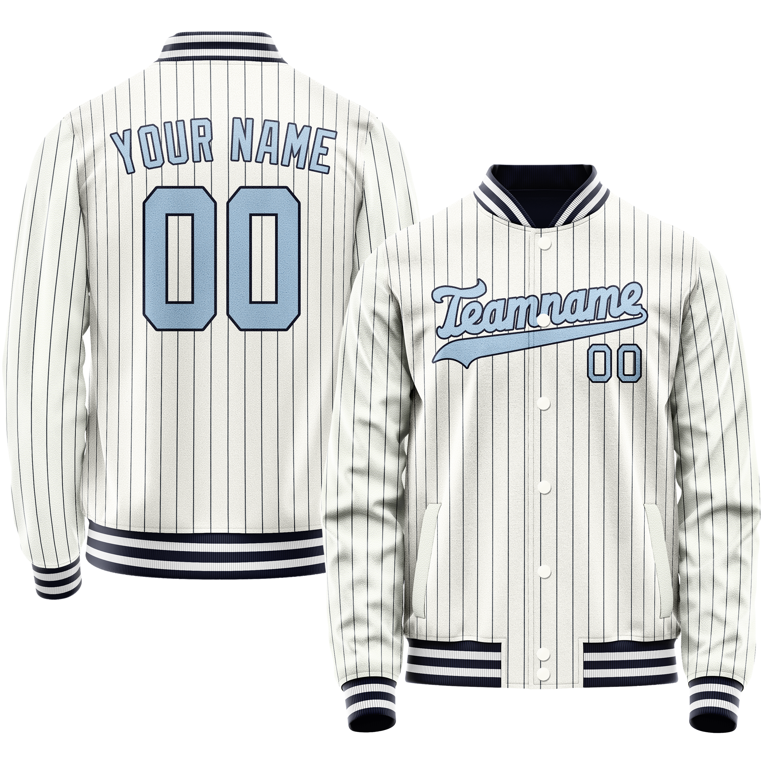 Custom White Light-Blue Navy Pinstripe Varsity Letterman Jacket JA02240617JC496