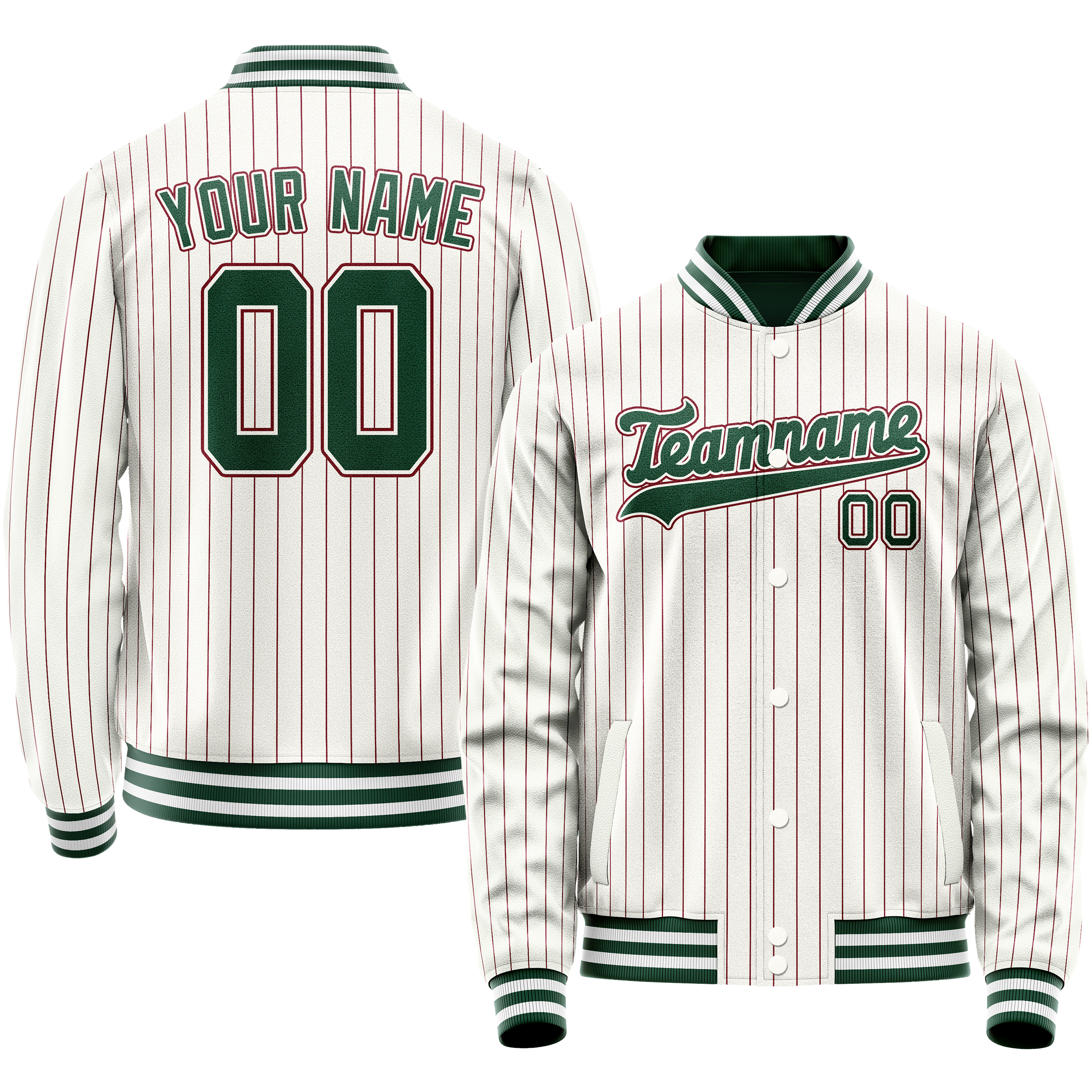 Custom White Kelly-Green Red Pinstripe Varsity Letterman Jacket JA02240617JC491