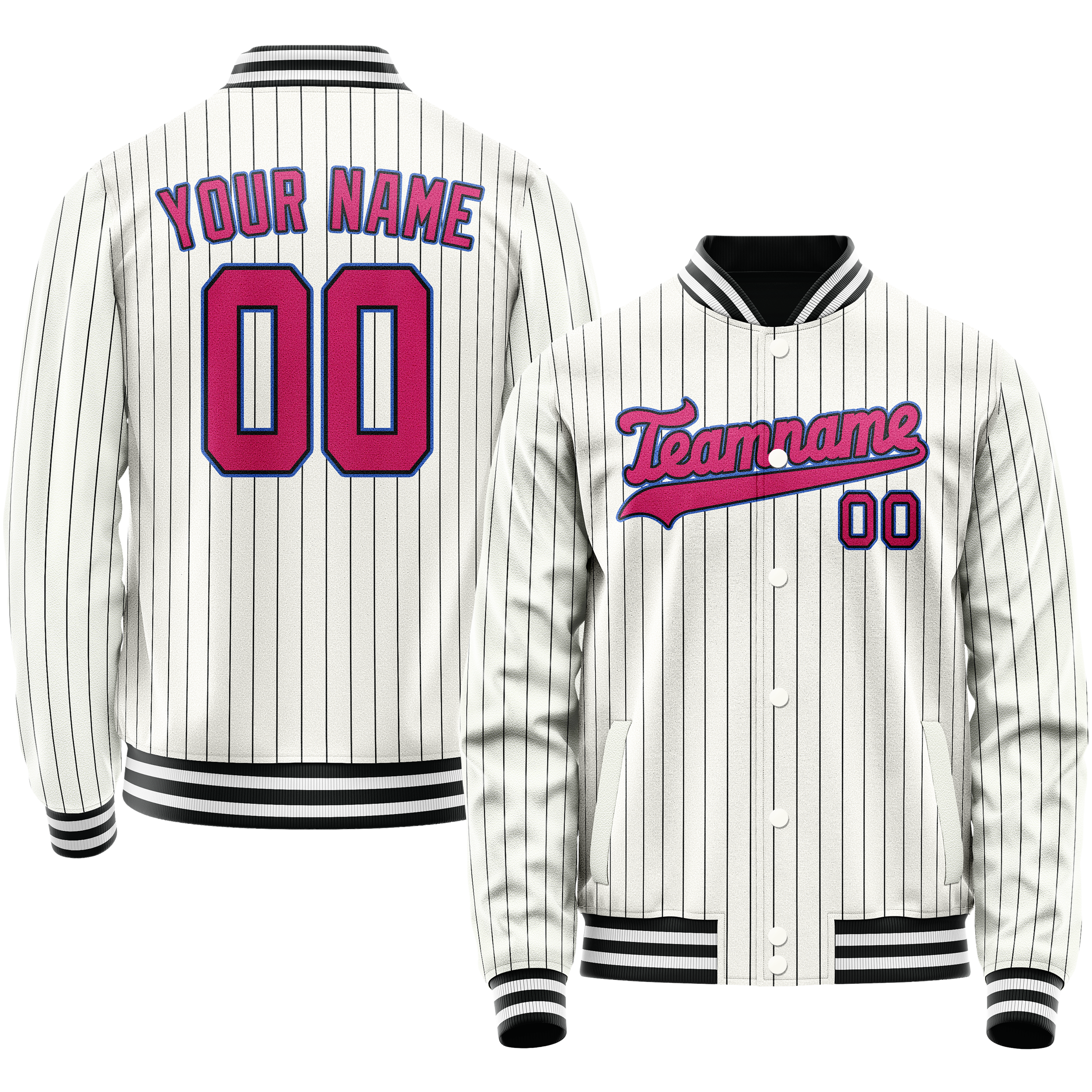 Custom White Pink Black Pinstripe Varsity Letterman Jacket JA02240617JC489