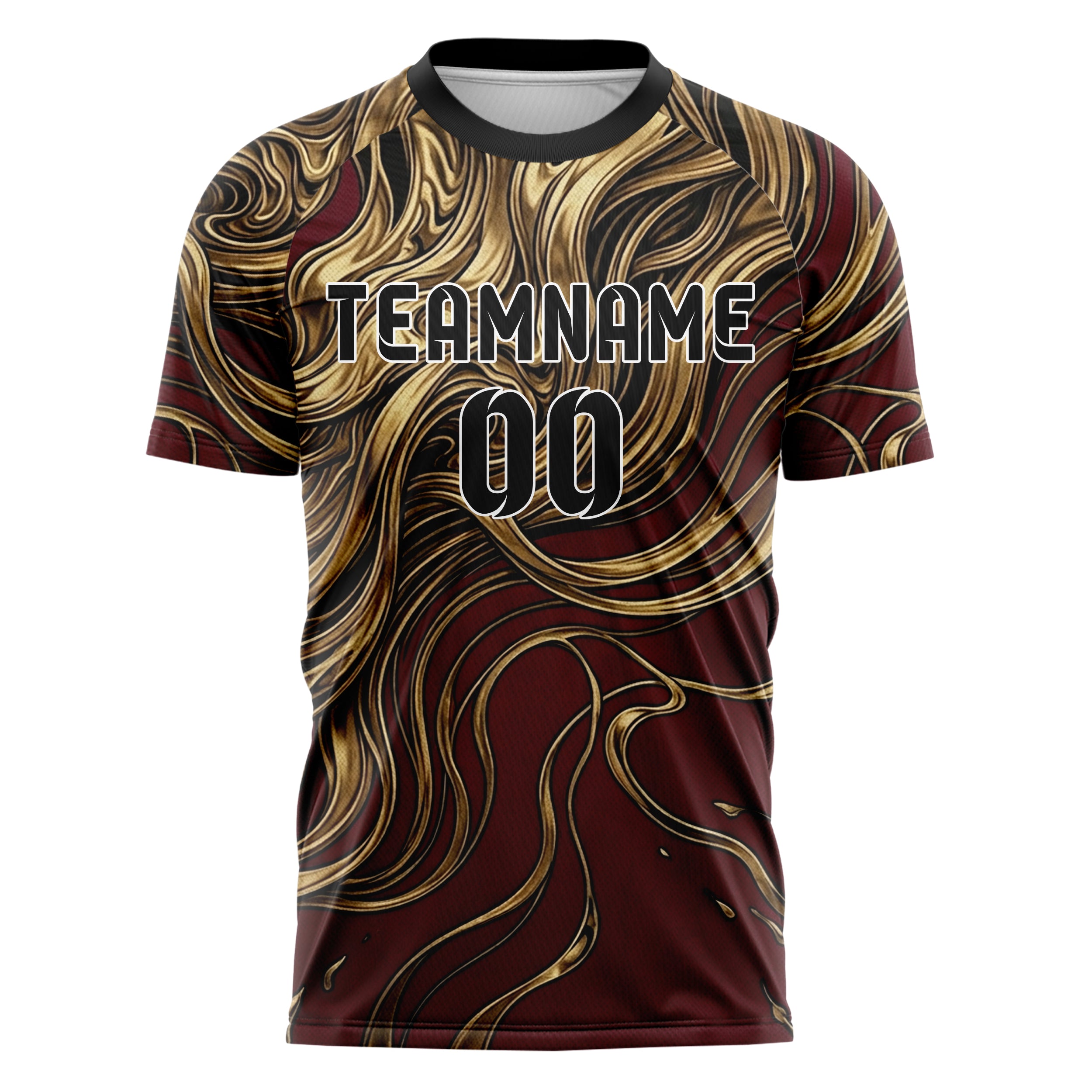 Deep Red Gold Black Molten Metal Ribbon Custom Soccer Jersey