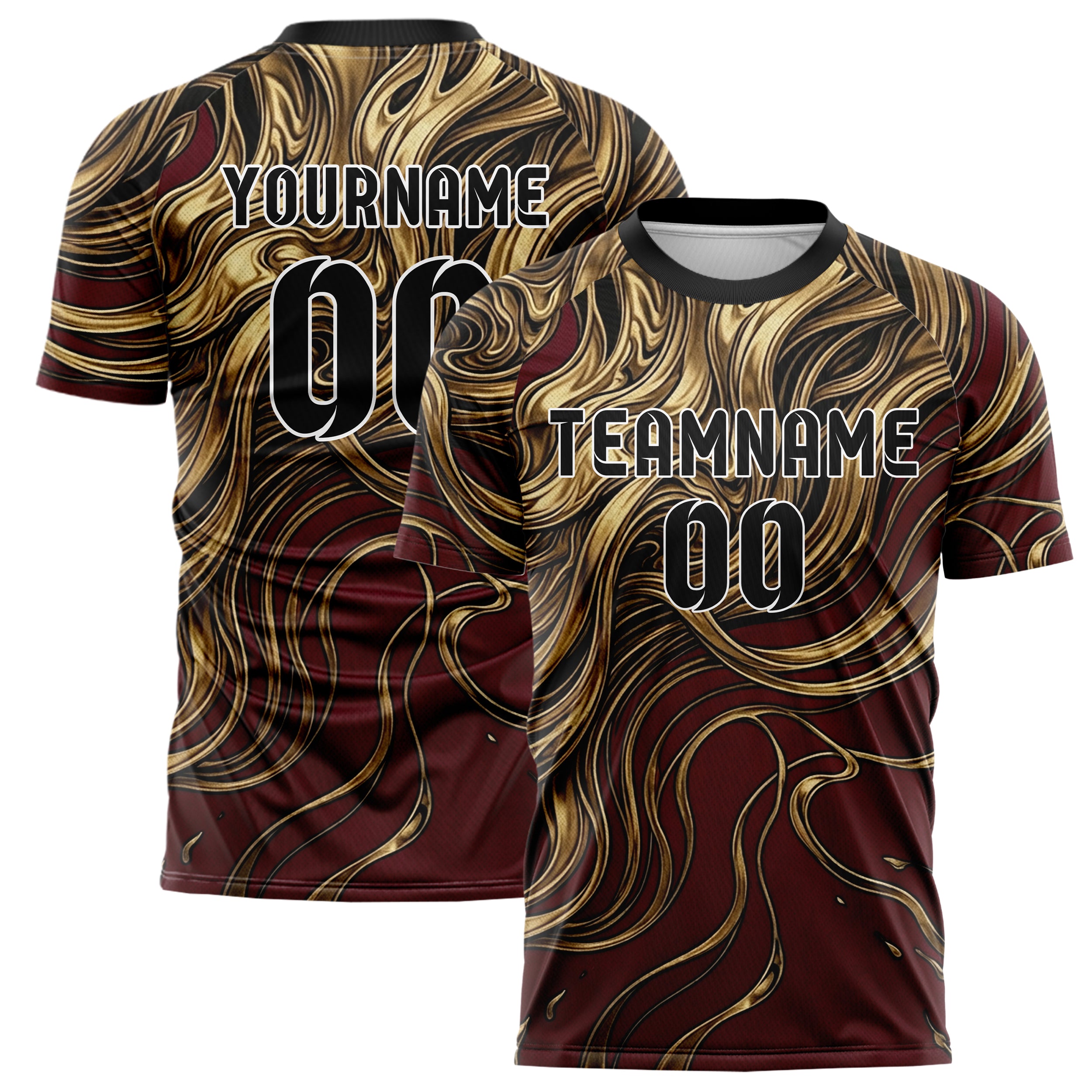 Deep Red Gold Black Molten Metal Ribbon Custom Soccer Jersey