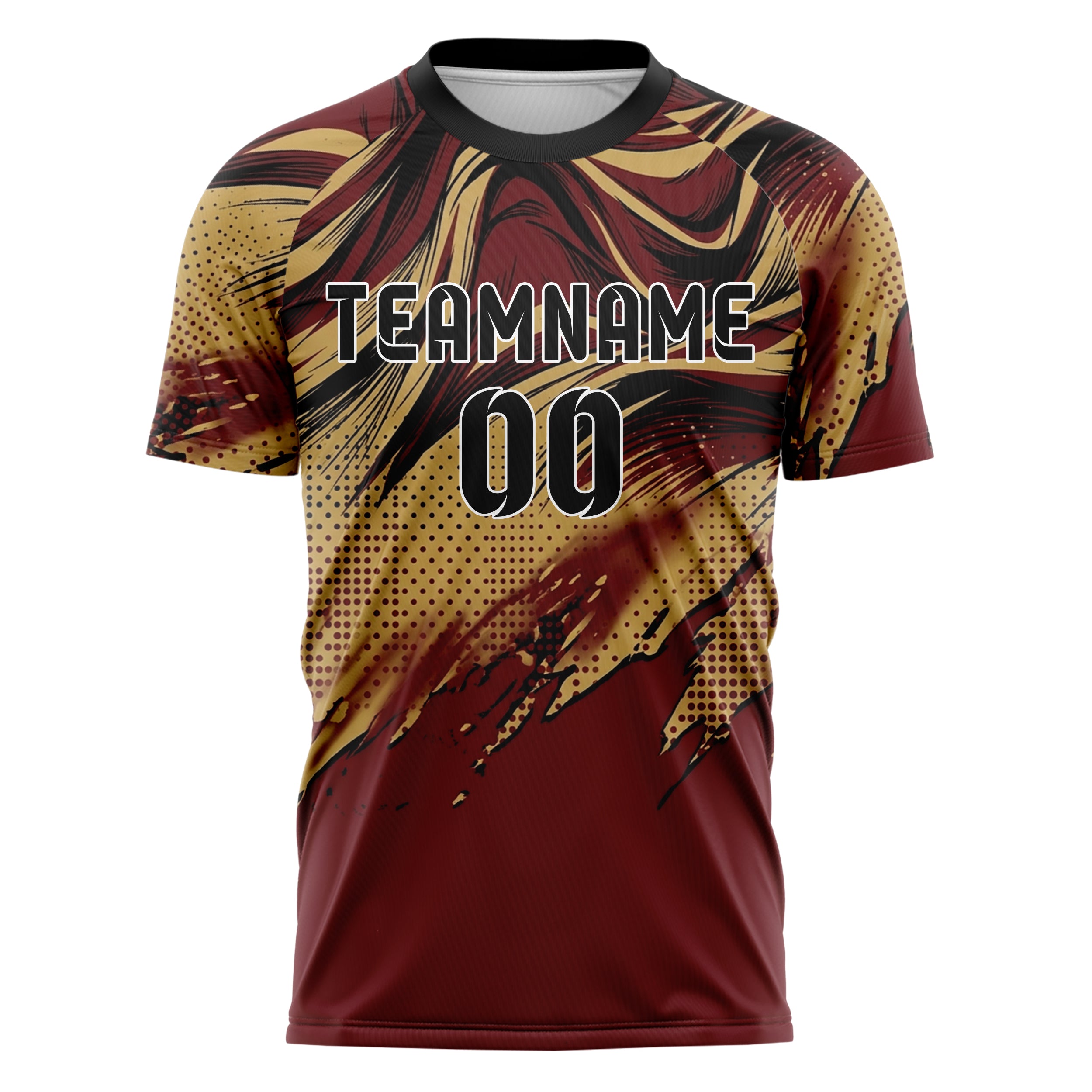 Deep Red Gold Black Silk Wave Drapery Custom Soccer Jersey