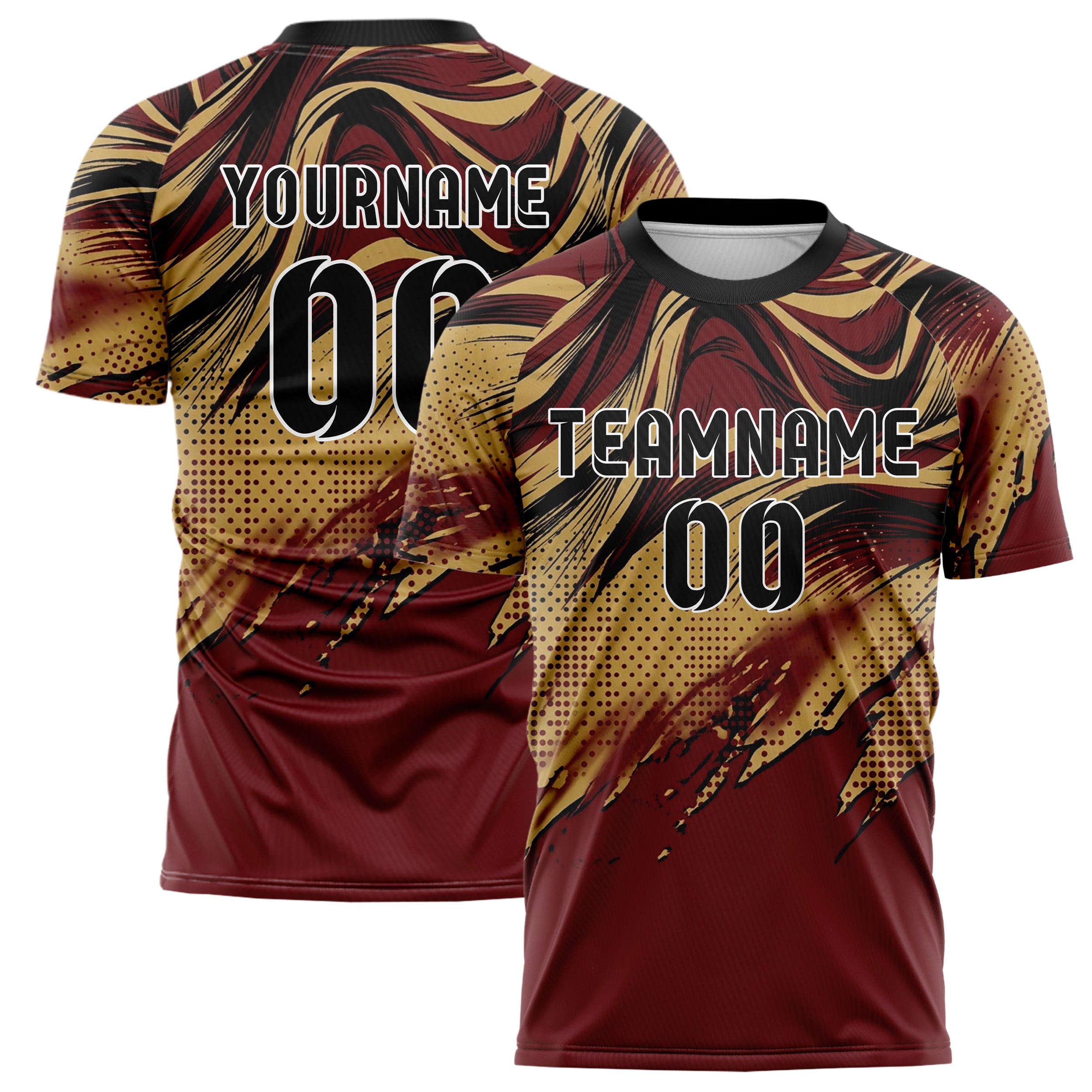 Deep Red Gold Black Silk Wave Drapery Custom Soccer Jersey