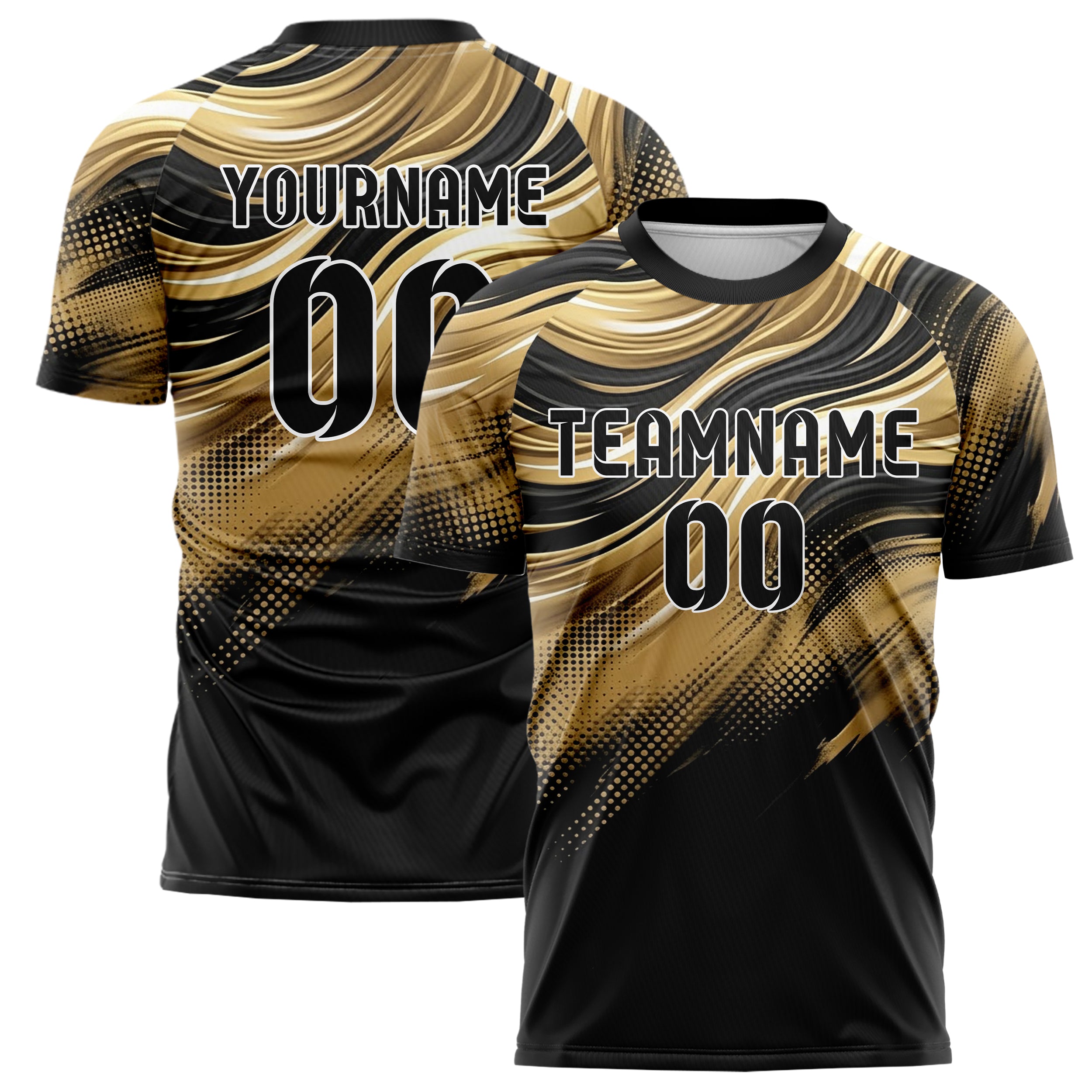 Black Gold White Silk Wave Drapery Custom Soccer Jersey