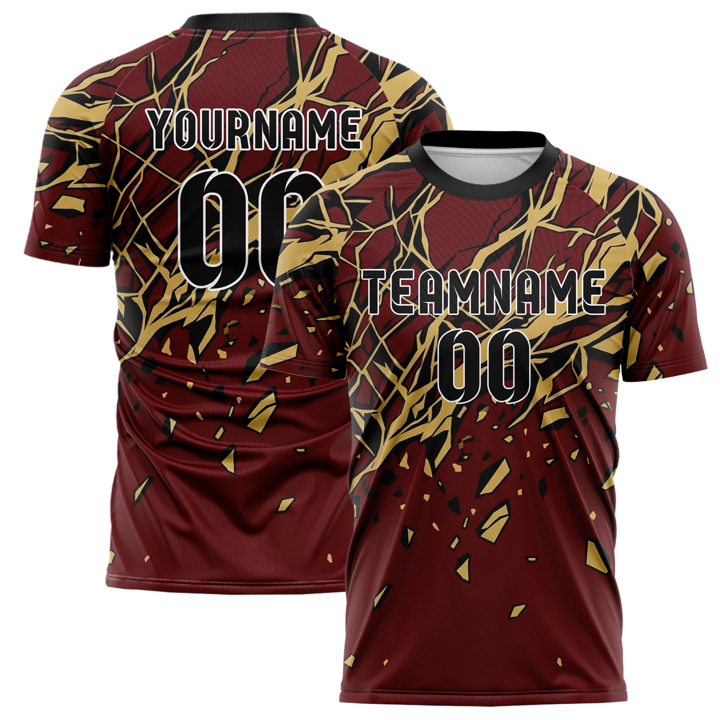 Deep Red Gold Black Onyx Marble Veining Custom Soccer Jersey