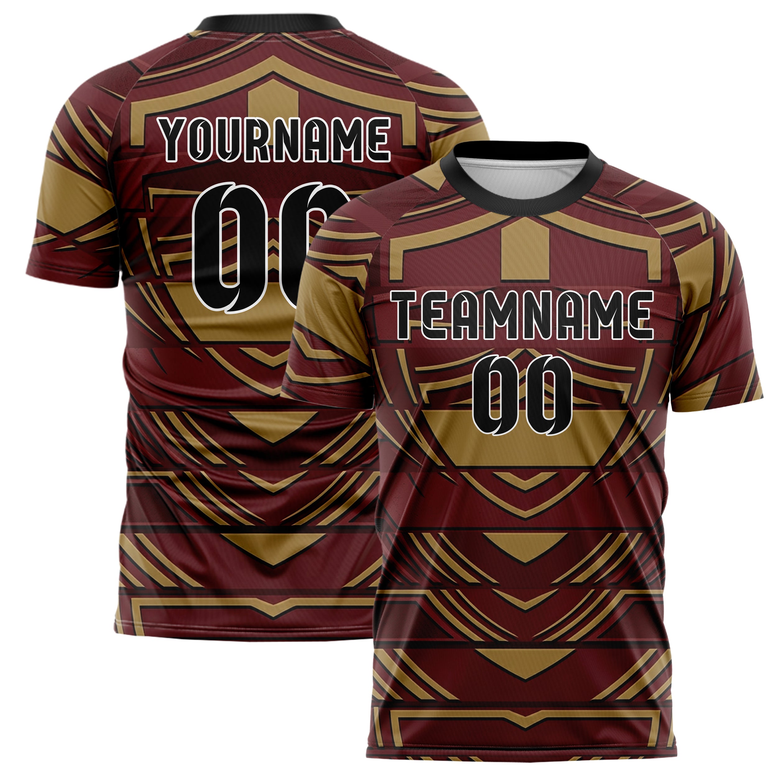 Deep Red Gold Black Embossed Crest Relief Custom Soccer Jersey
