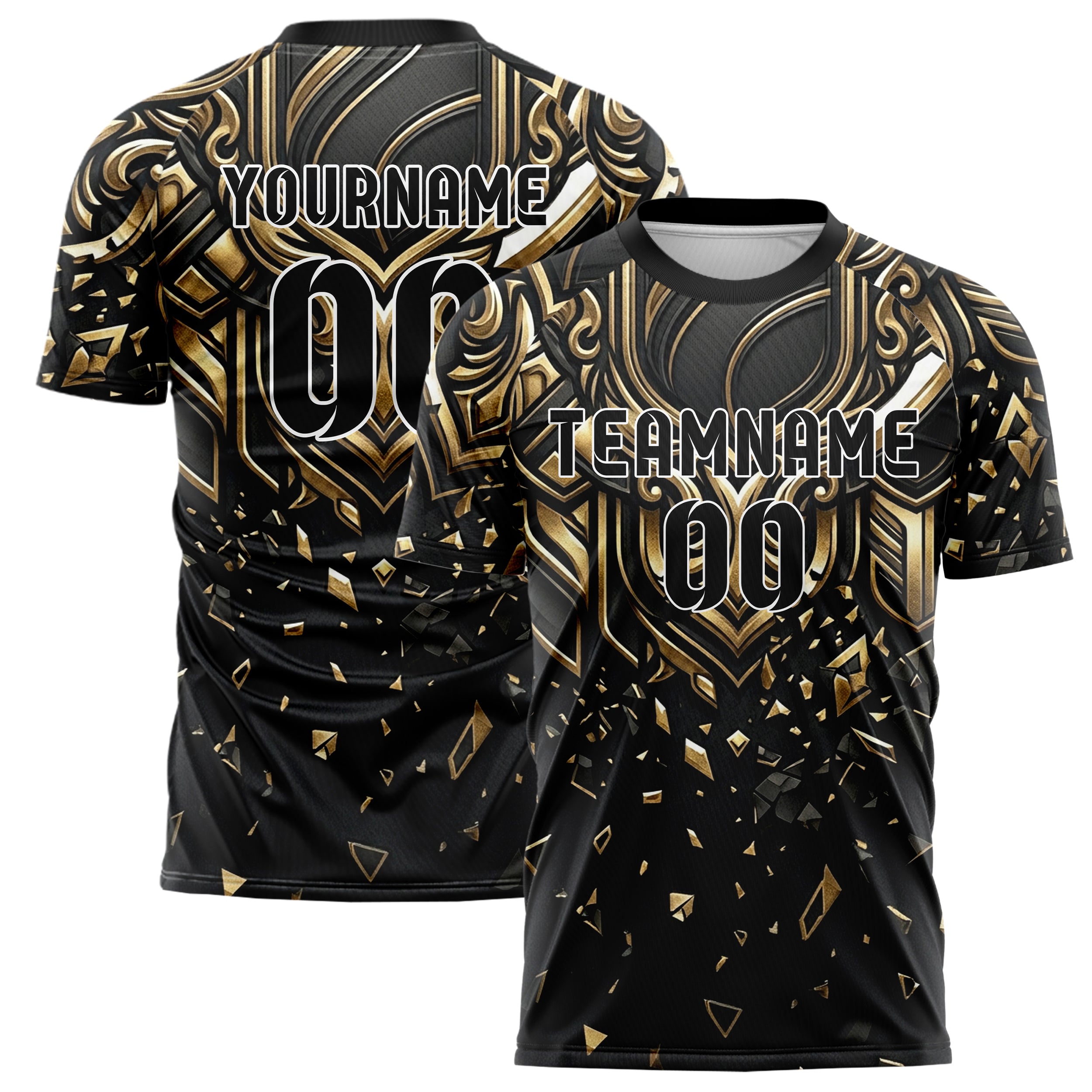 Black Gold White Embossed Crest Relief Custom Soccer Jersey