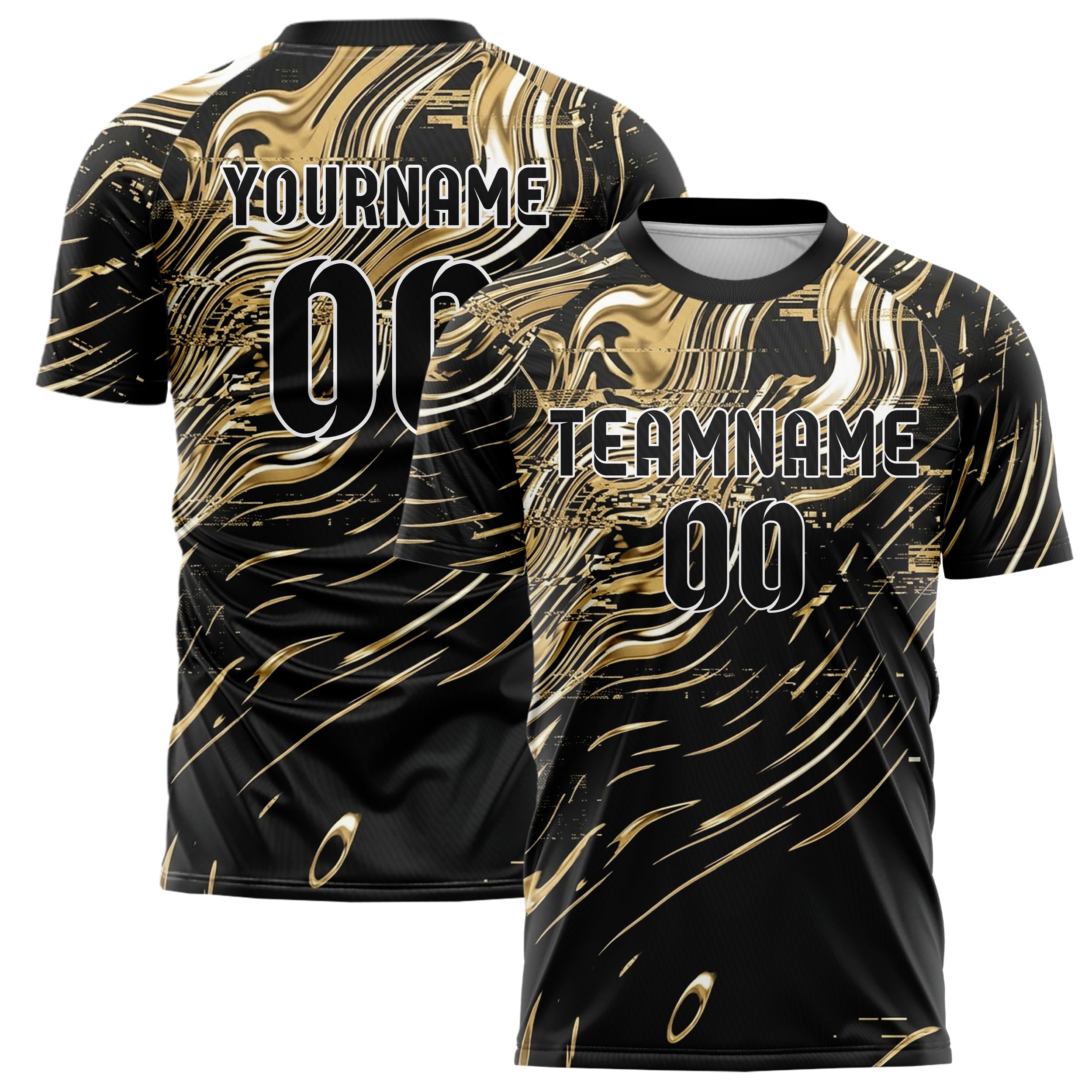 Black Gold White Molten Metal Ribbon Custom Soccer Jersey