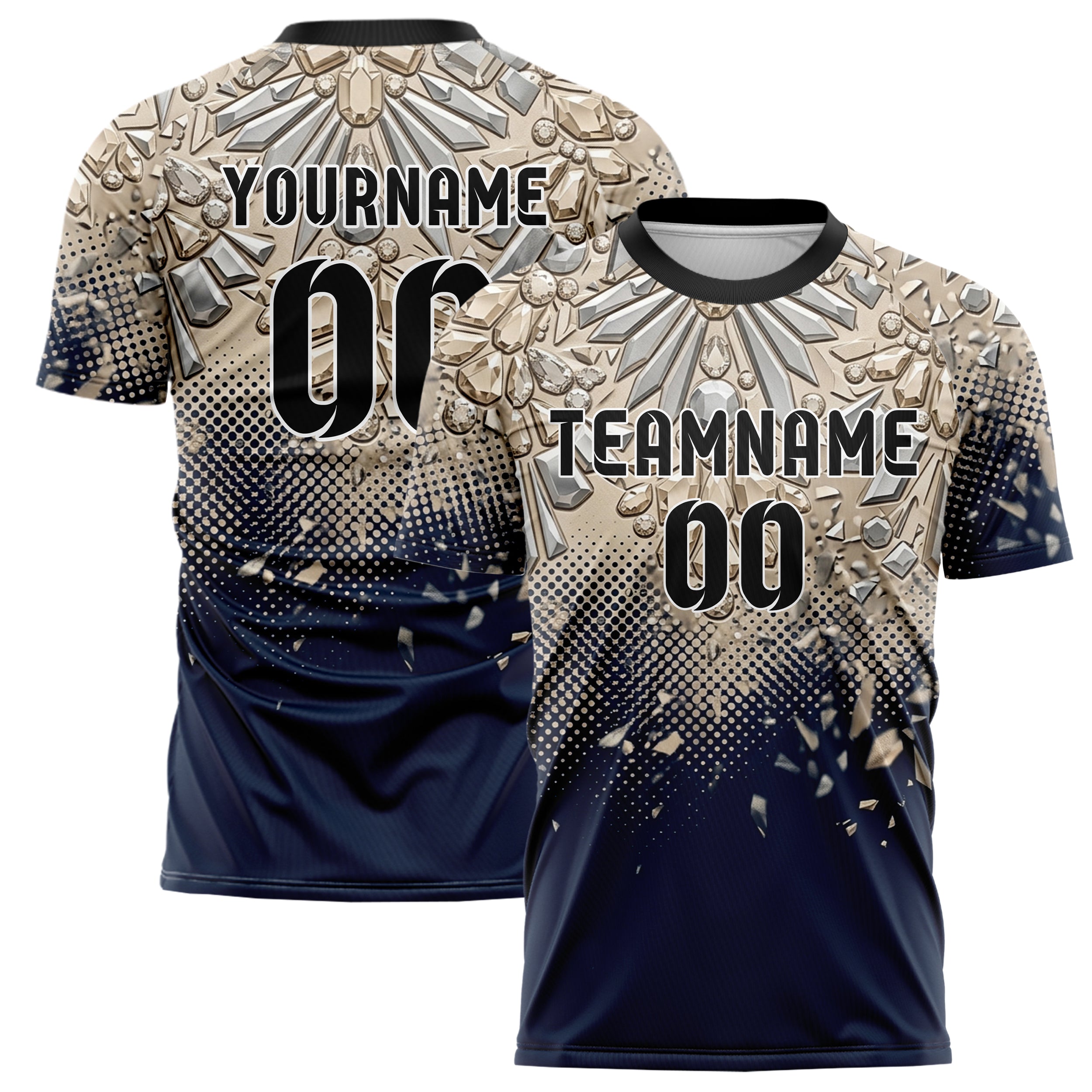 Navy Champagne Silver Jewelry Facet Cascade Custom Soccer Jersey