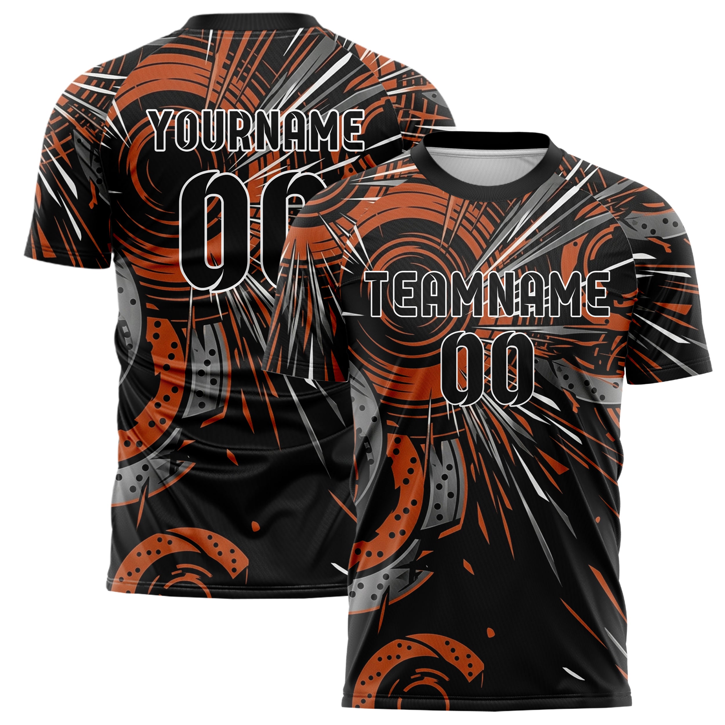 Black Orange White Gunmetal Brake Rotor Sparks Custom Soccer Jersey