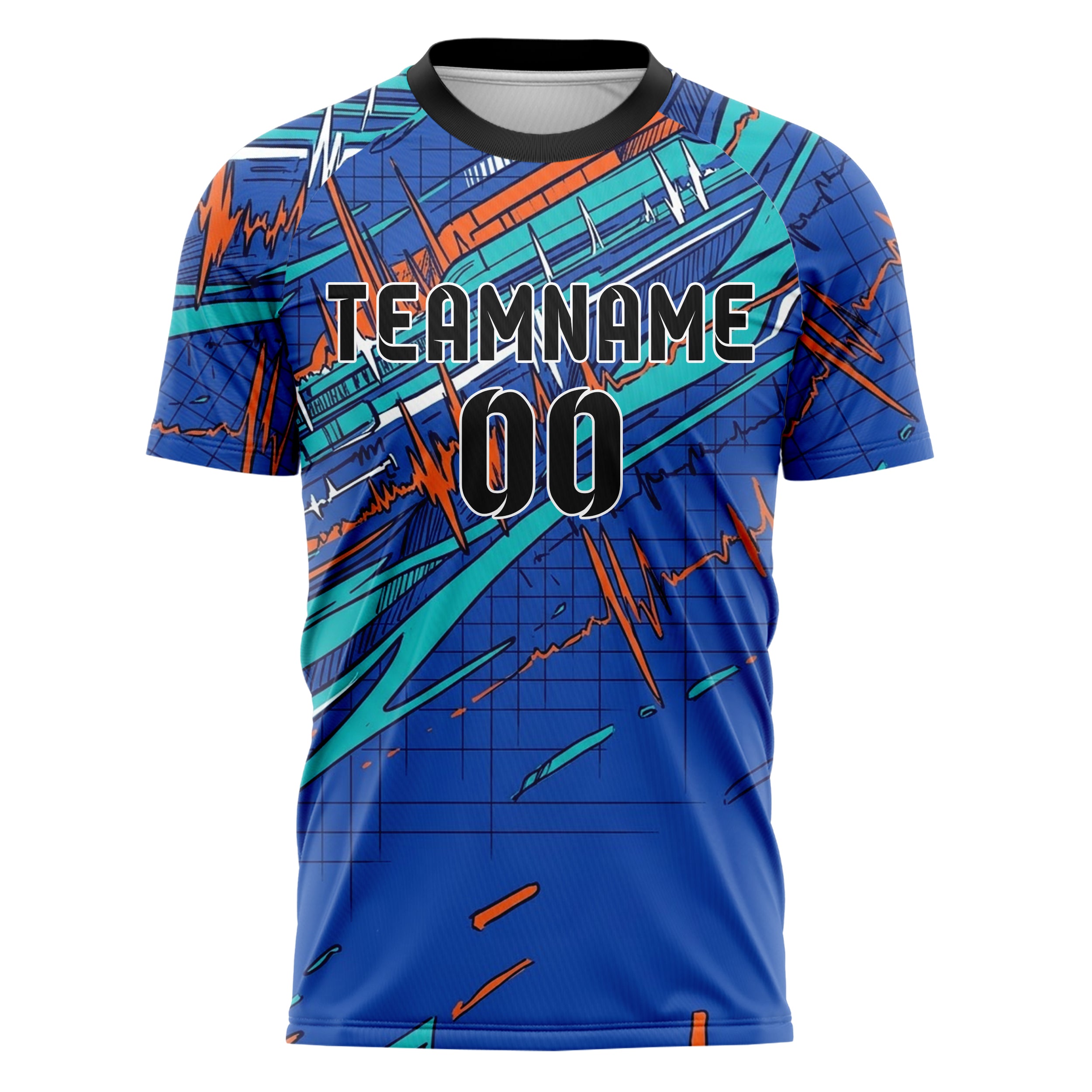 Royal Blue Teal Orange White Telemetry Pulse Grid Custom Soccer Jersey