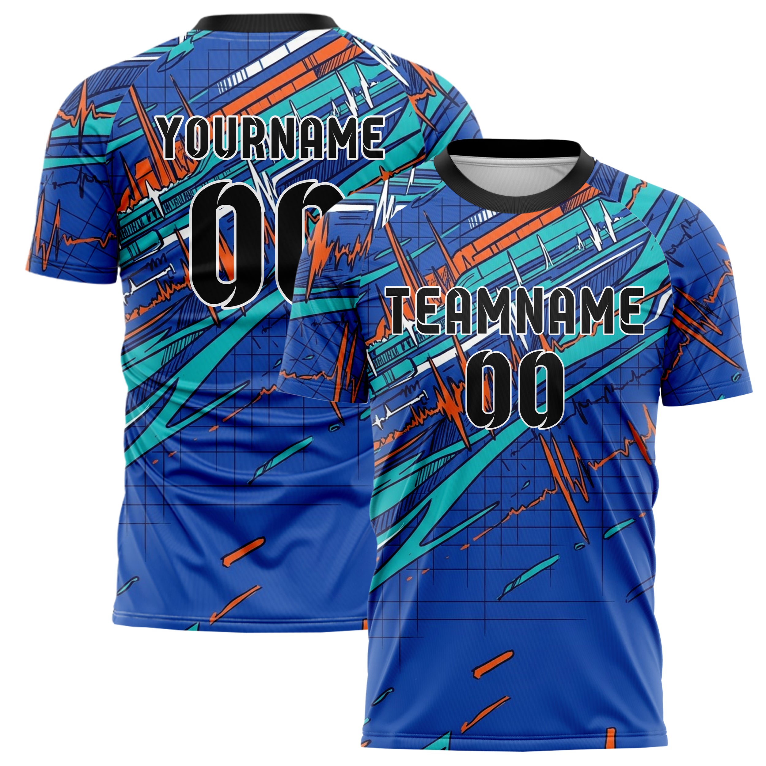 Royal Blue Teal Orange White Telemetry Pulse Grid Custom Soccer Jersey