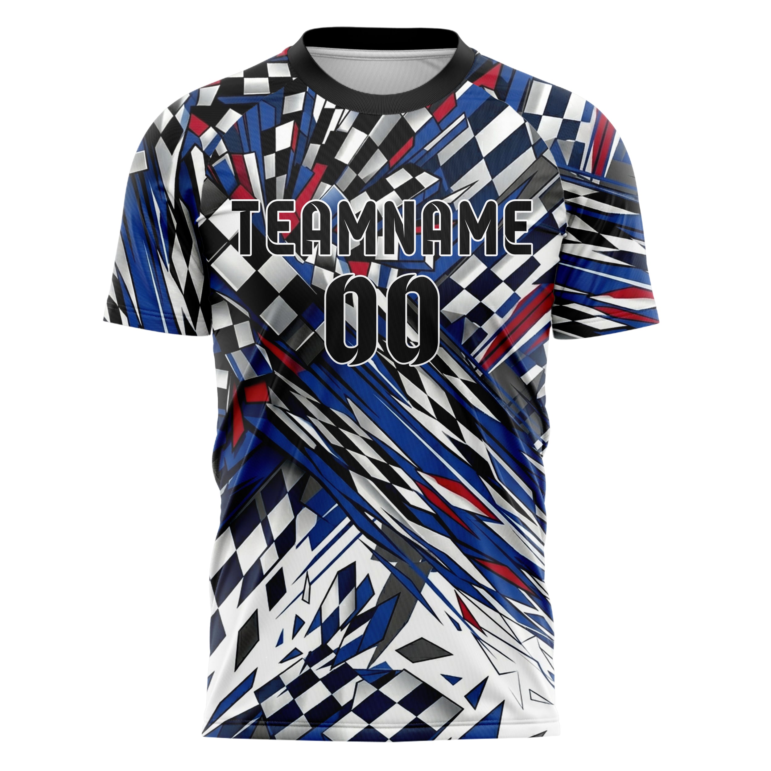 White Cobalt Crimson Charcoal Checkered Flag Fracture Custom Soccer Jersey