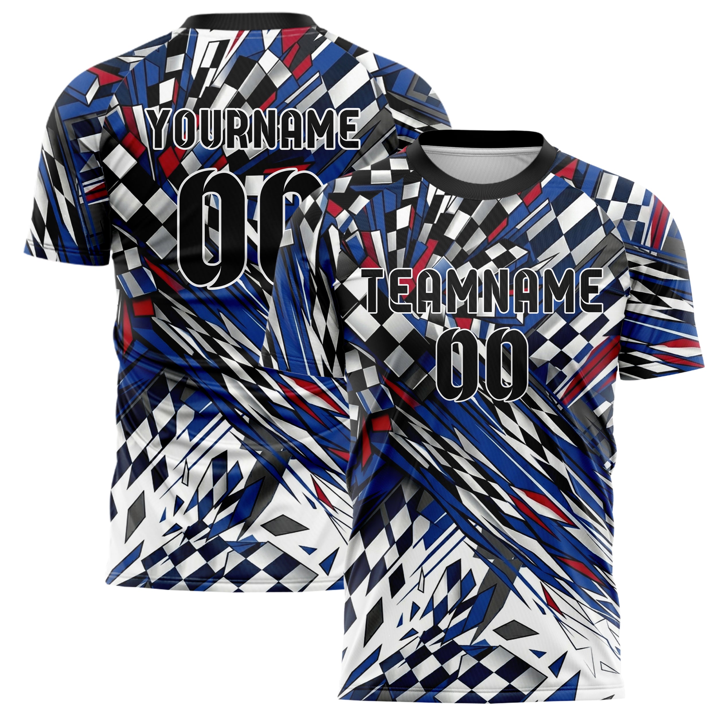 White Cobalt Crimson Charcoal Checkered Flag Fracture Custom Soccer Jersey