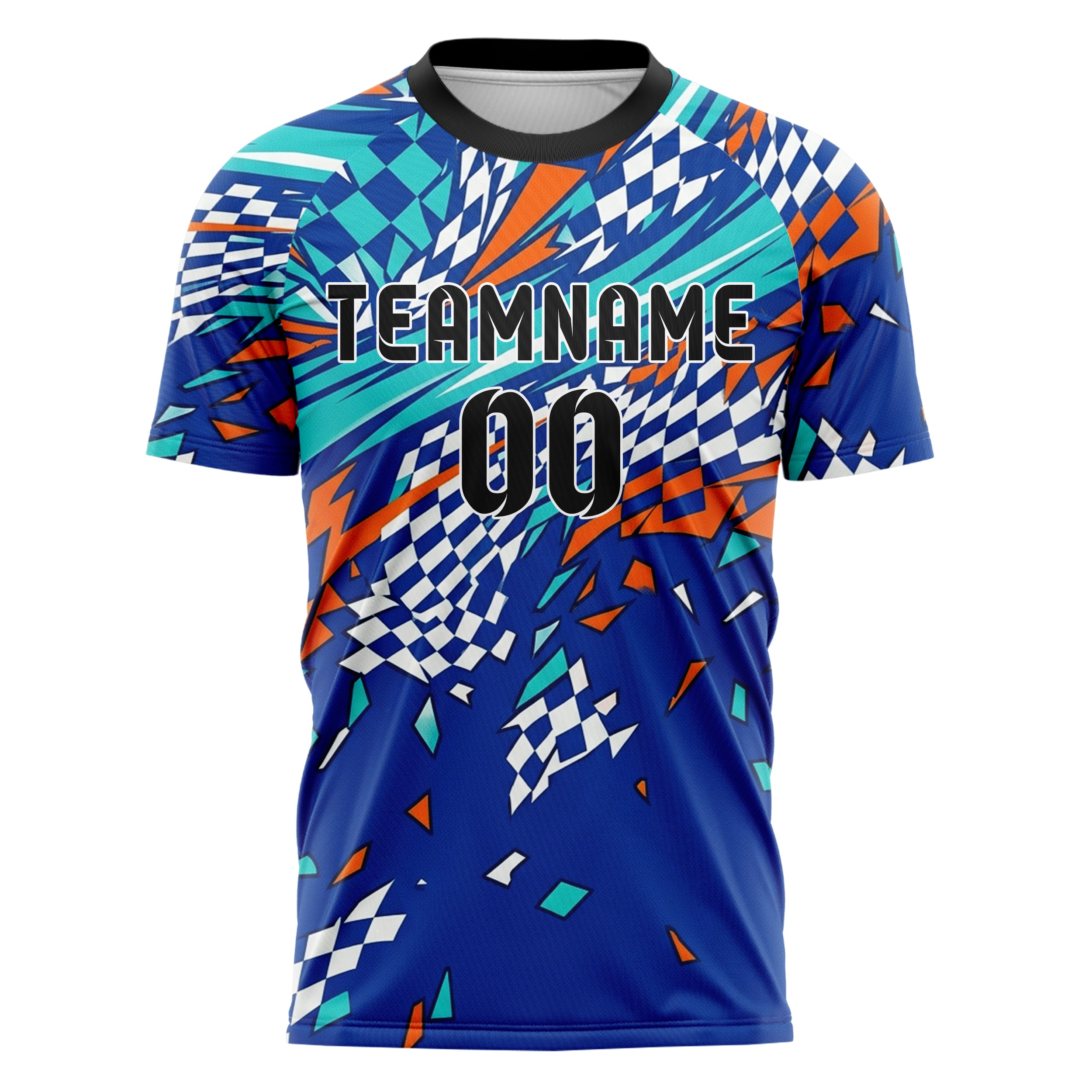 Royal Blue Teal Orange White Checkered Flag Fracture Custom Soccer Jersey