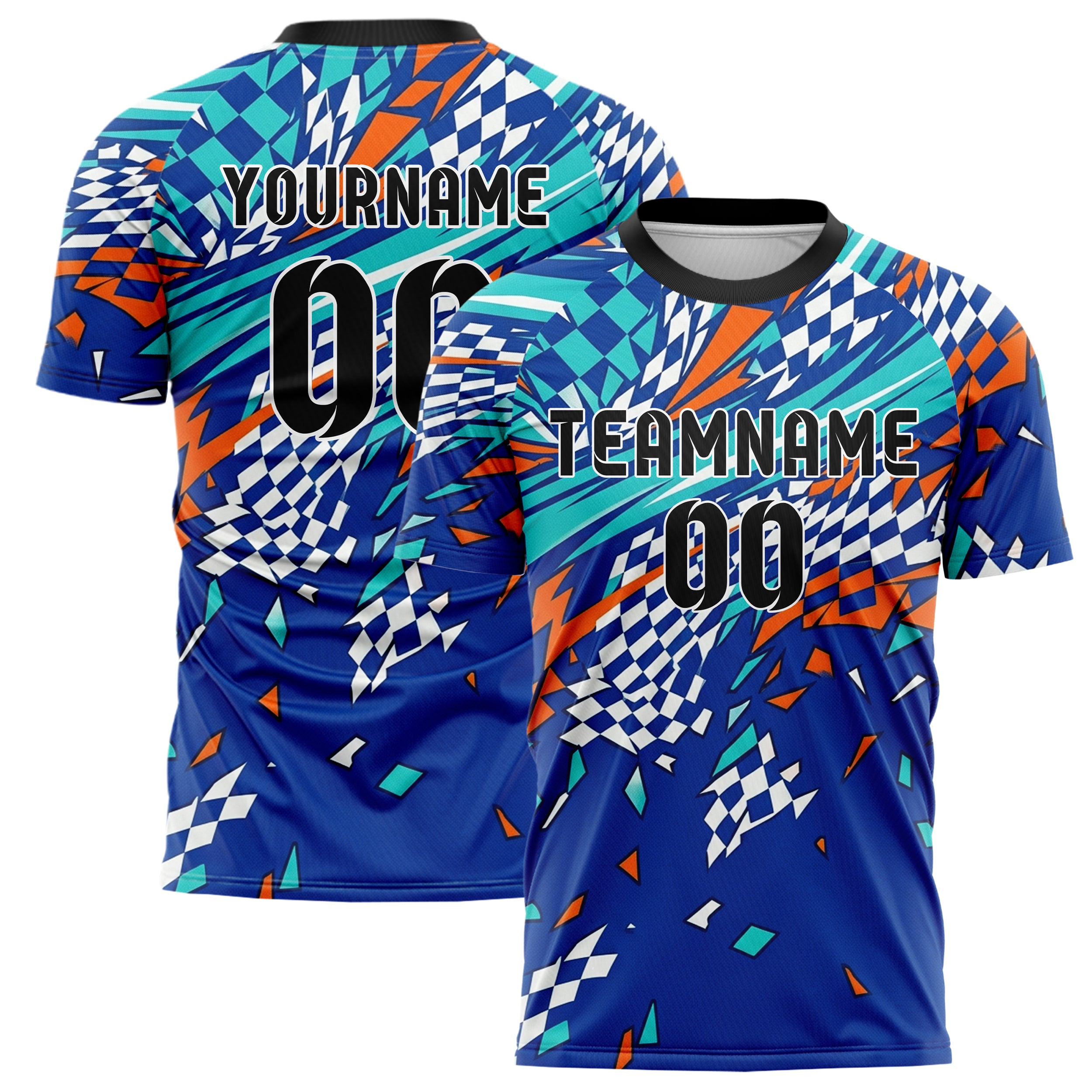 Royal Blue Teal Orange White Checkered Flag Fracture Custom Soccer Jersey