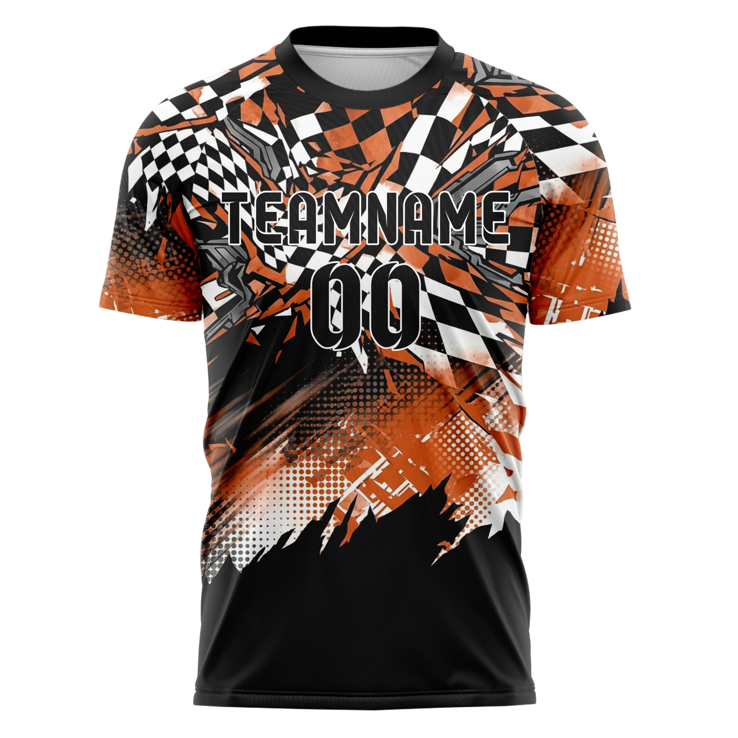 Black Orange White Gunmetal Checkered Flag Fracture Custom Soccer Jersey