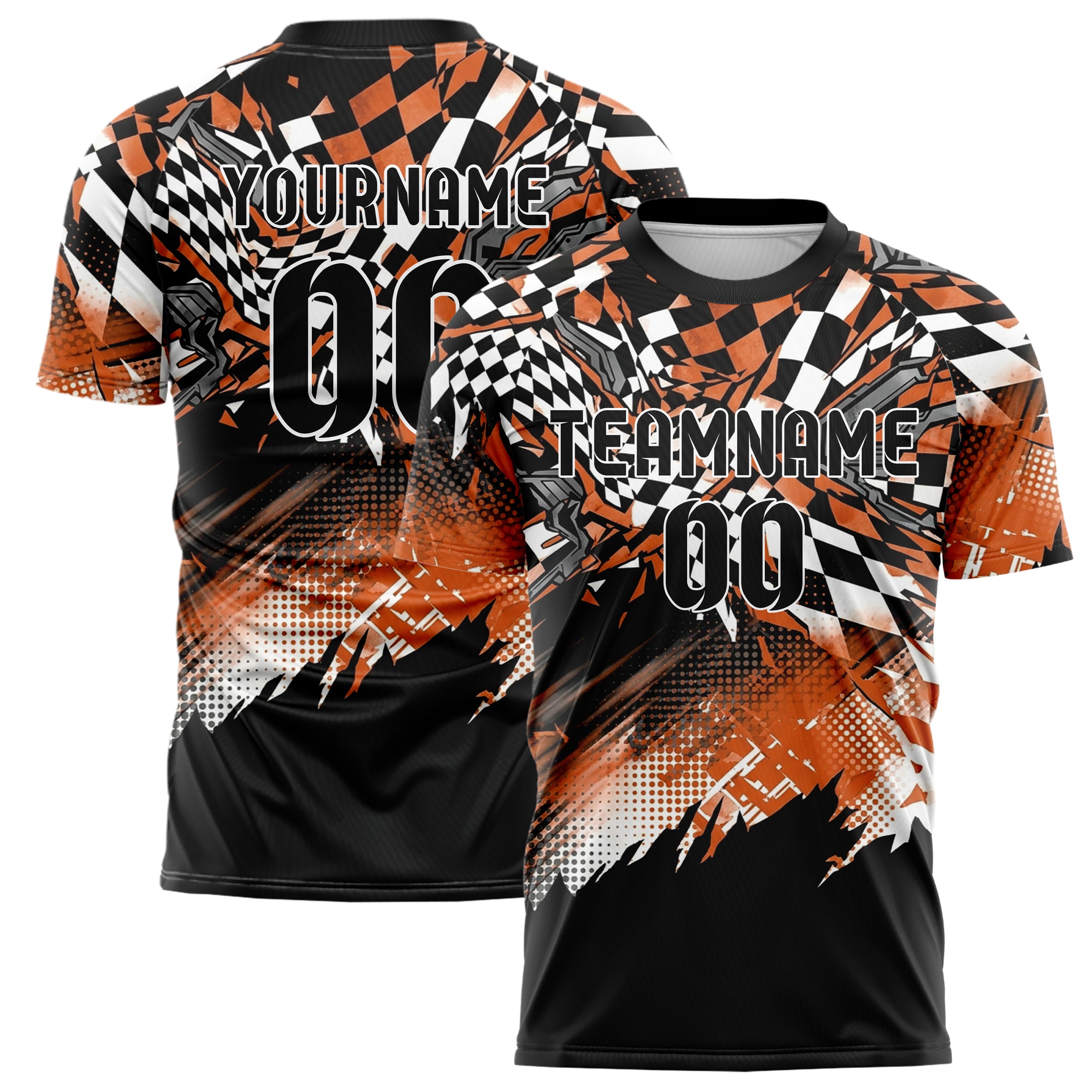 Black Orange White Gunmetal Checkered Flag Fracture Custom Soccer Jersey