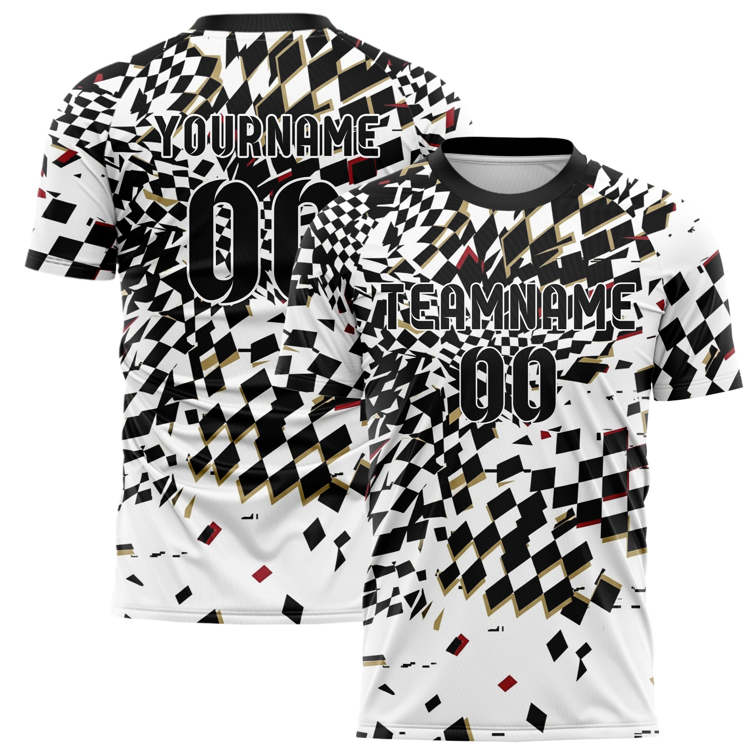White Black Gold Red Checkered Flag Fracture Custom Soccer Jersey