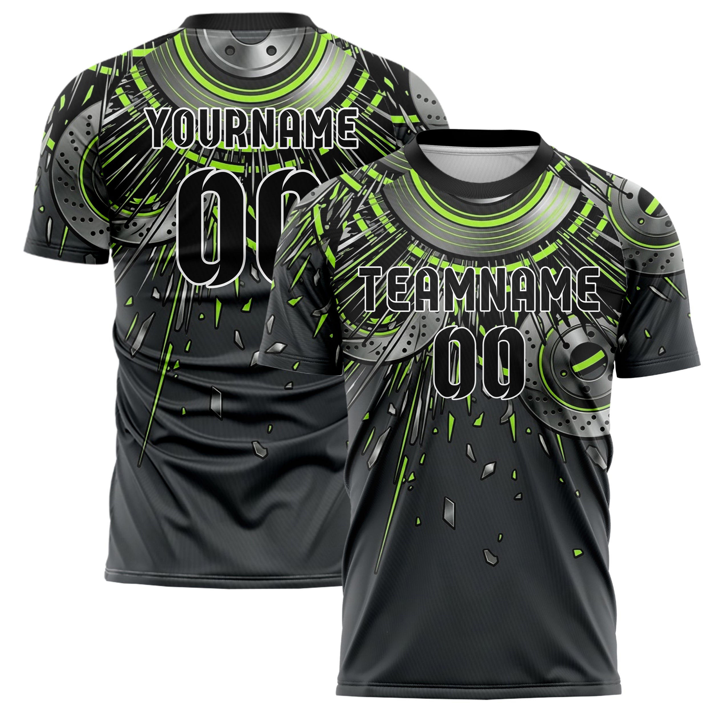 Carbon Acid Green Black Silver Brake Rotor Sparks Custom Soccer Jersey