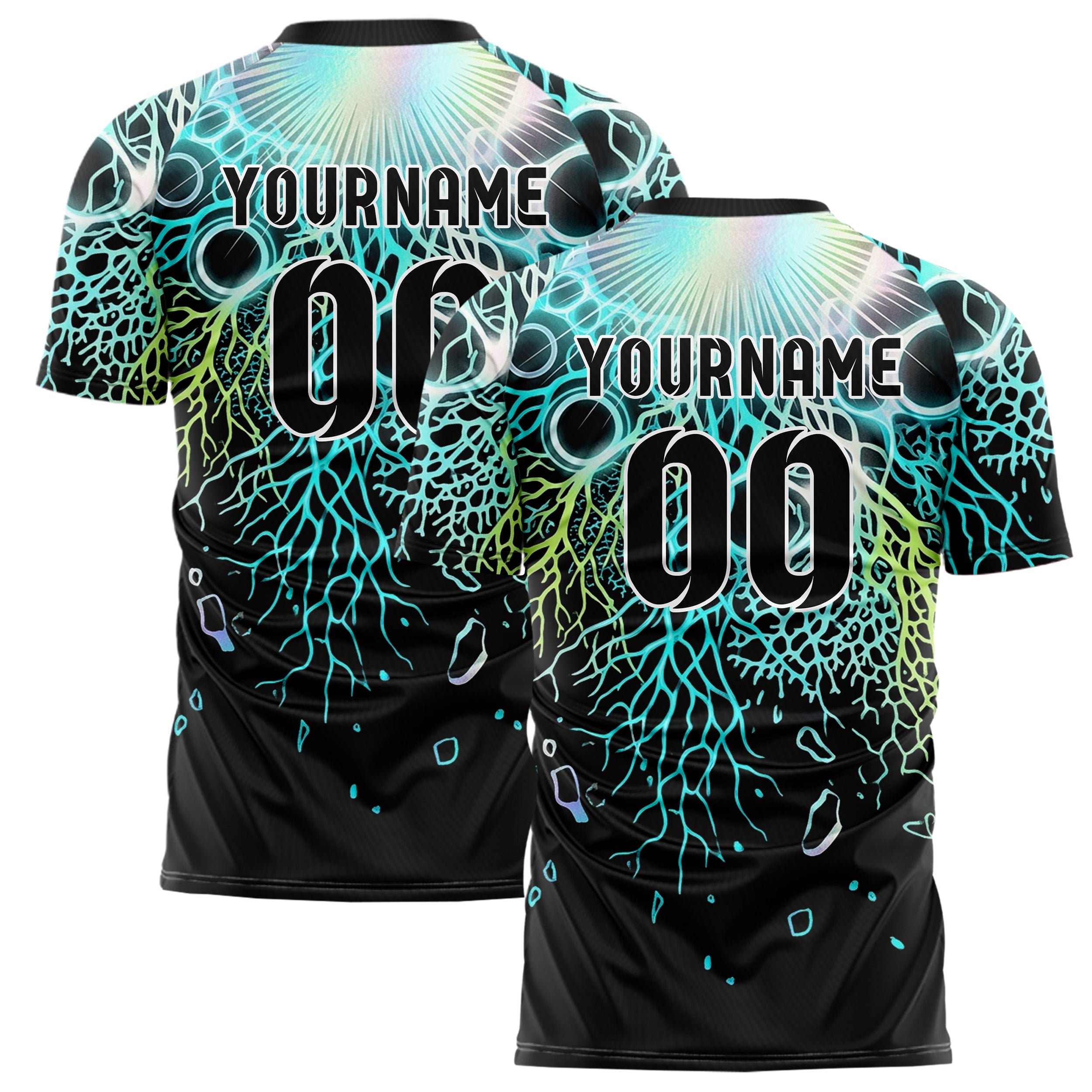 Black Cyan Lime White Bioluminescent Cell Burst Custom Soccer Jersey