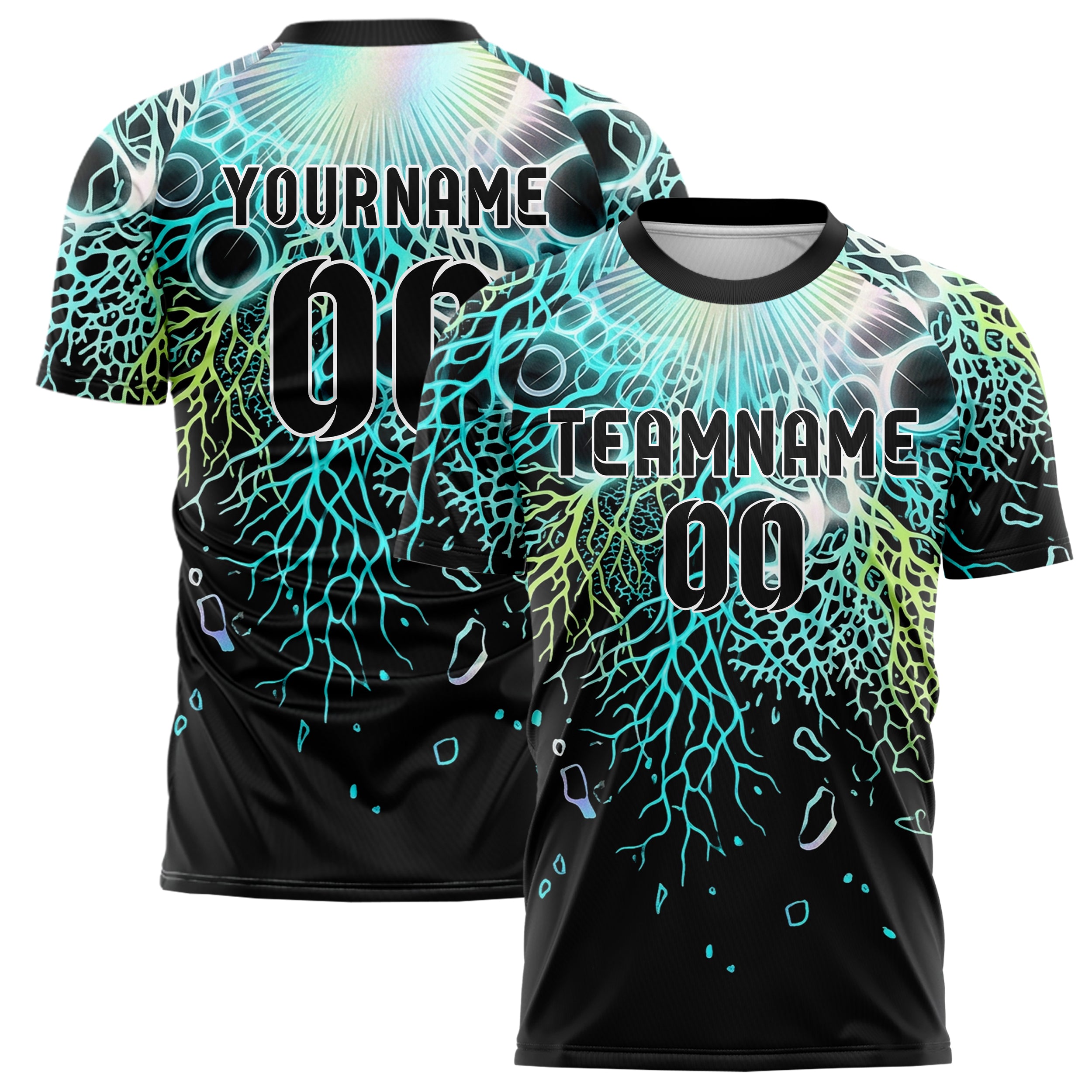 Black Cyan Lime White Bioluminescent Cell Burst Custom Soccer Jersey
