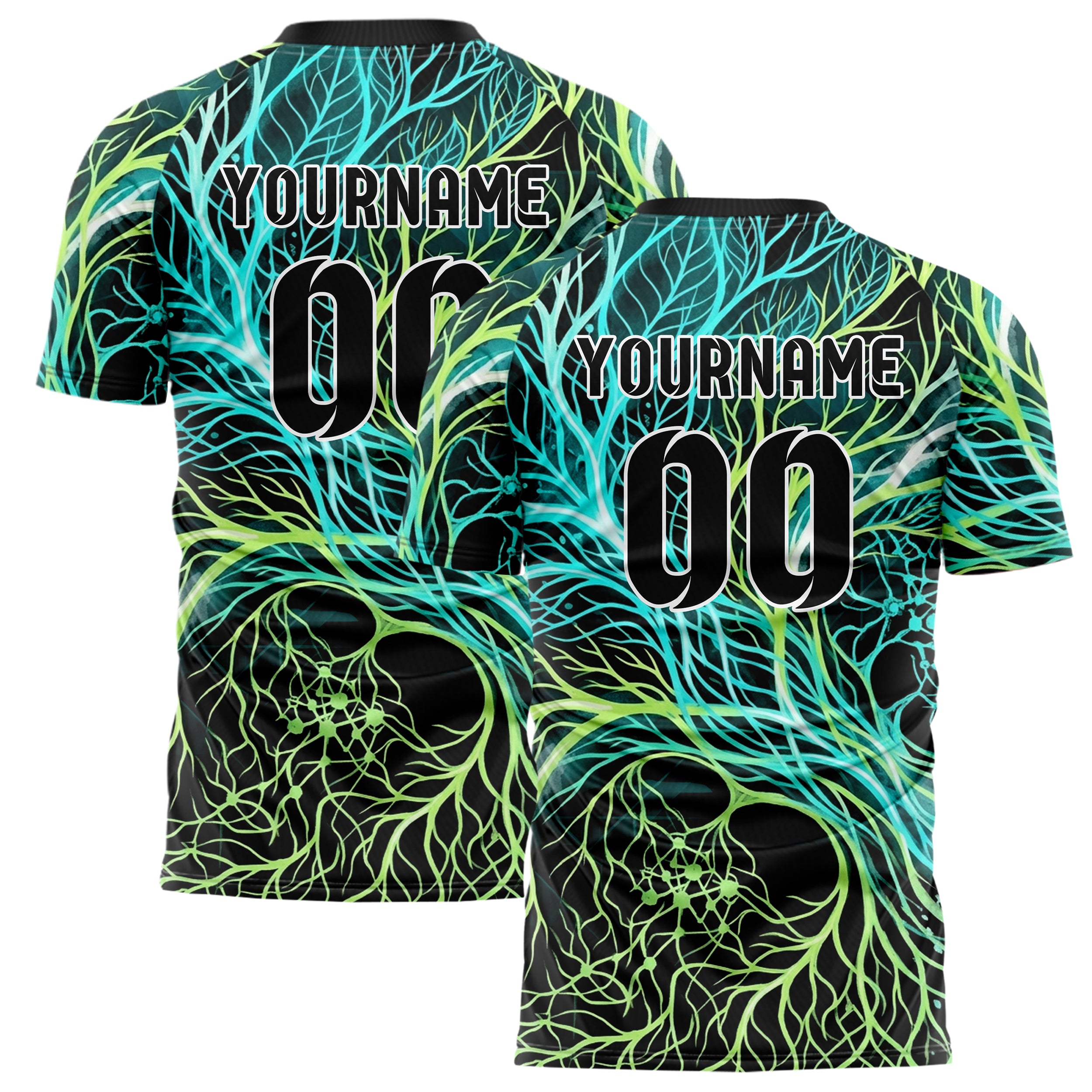 Black Cyan Lime White Rootnetwork Data Weave Custom Soccer Jersey