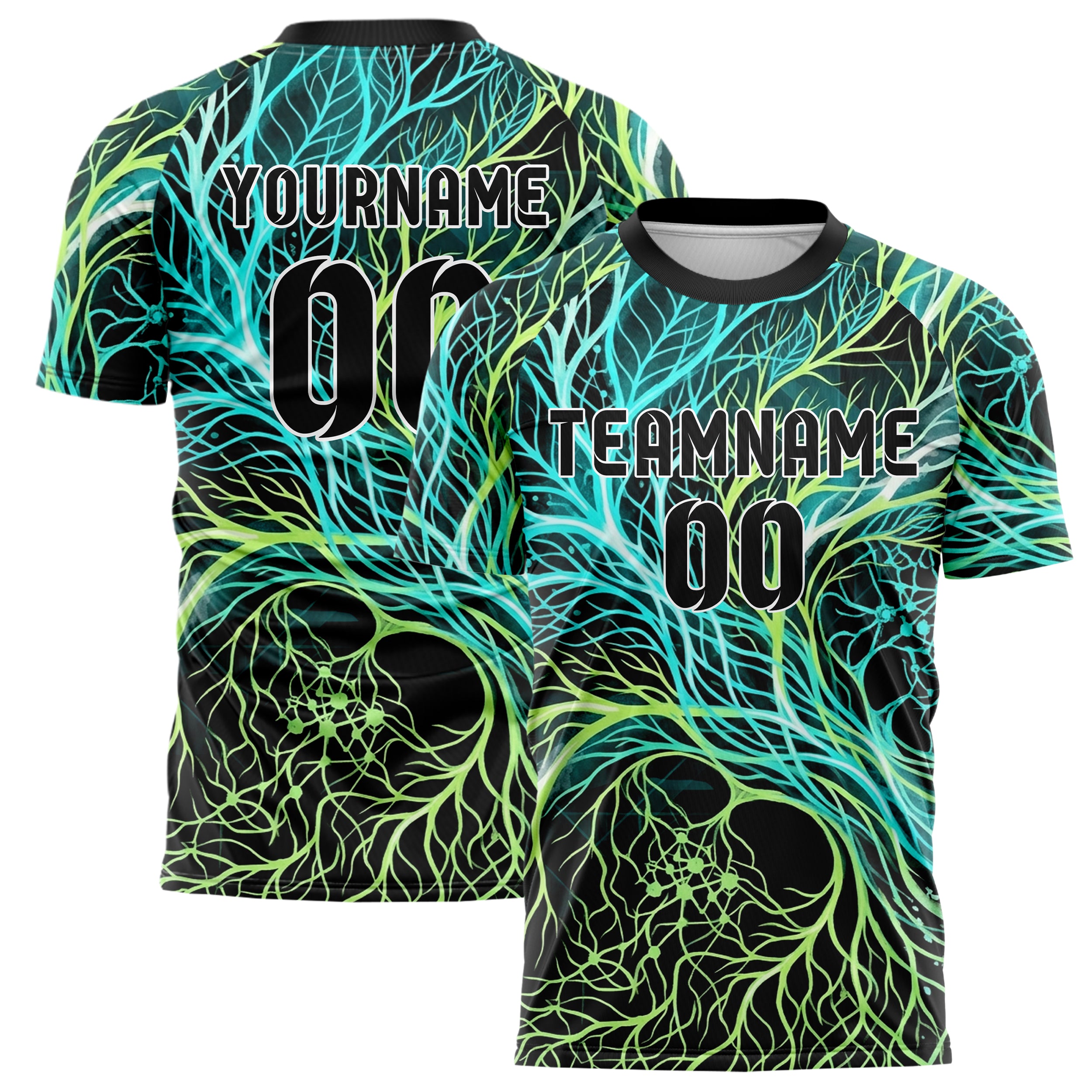 Black Cyan Lime White Rootnetwork Data Weave Custom Soccer Jersey