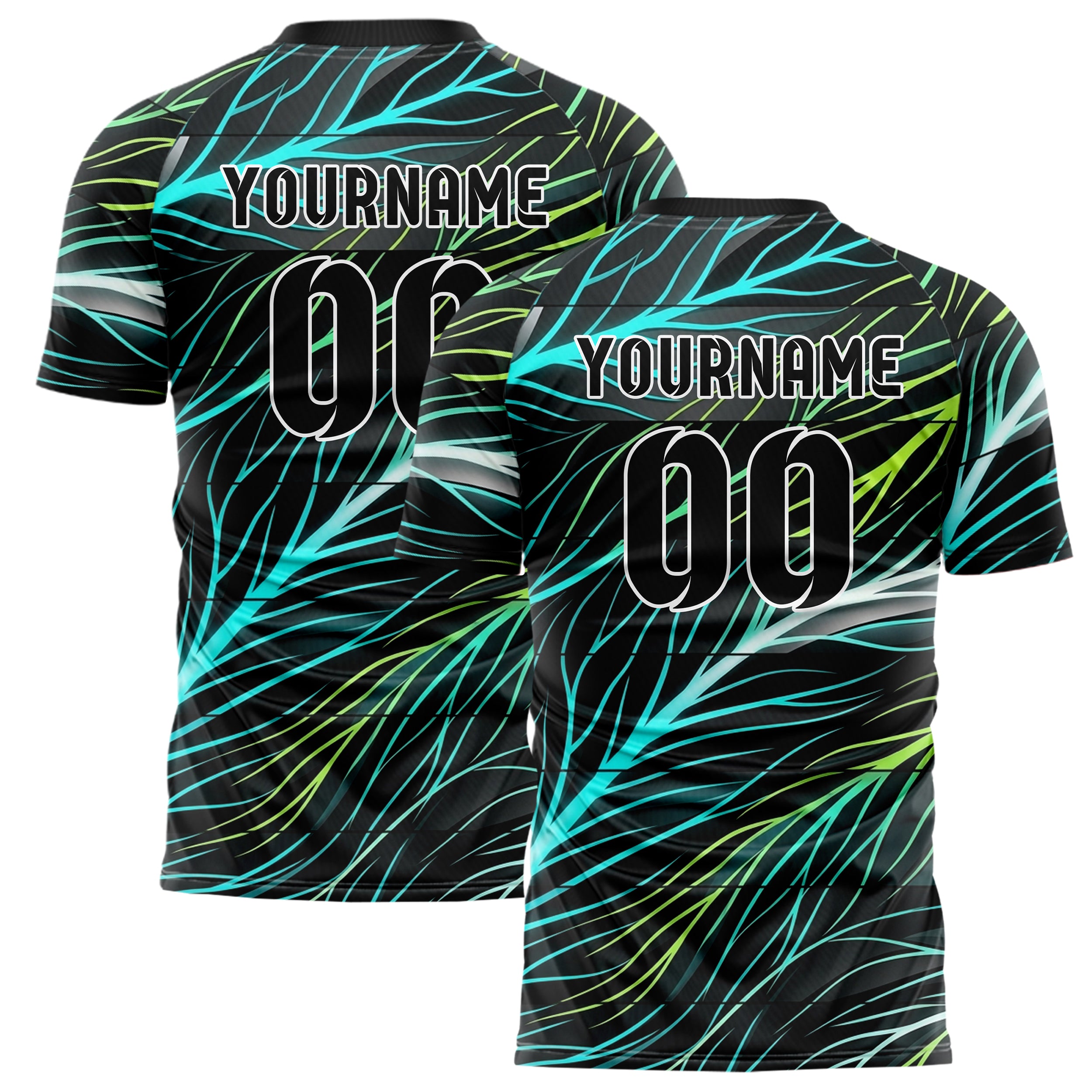 Black Cyan Lime White Leafvein Vector Sweep Custom Soccer Jersey