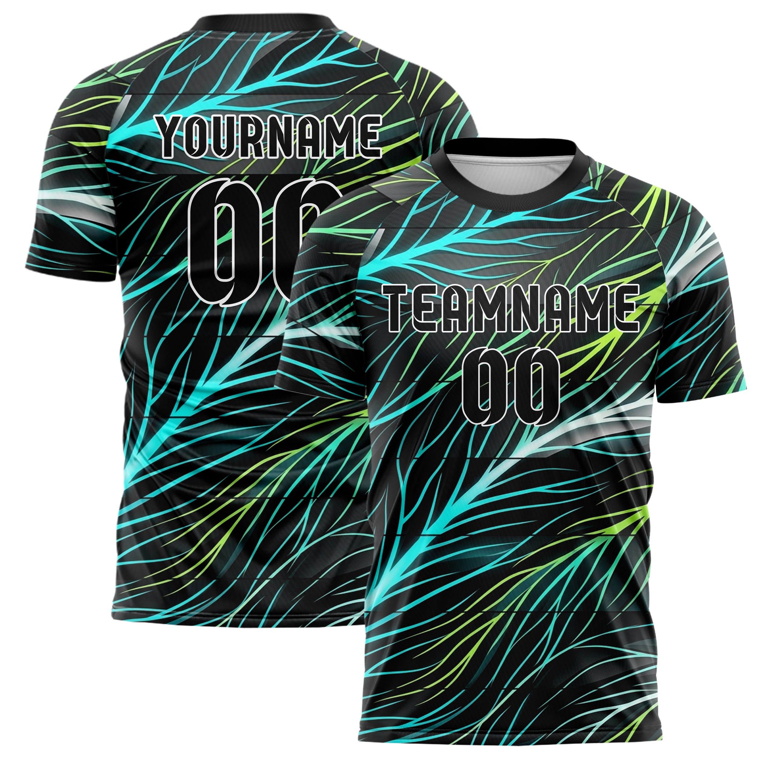 Black Cyan Lime White Leafvein Vector Sweep Custom Soccer Jersey