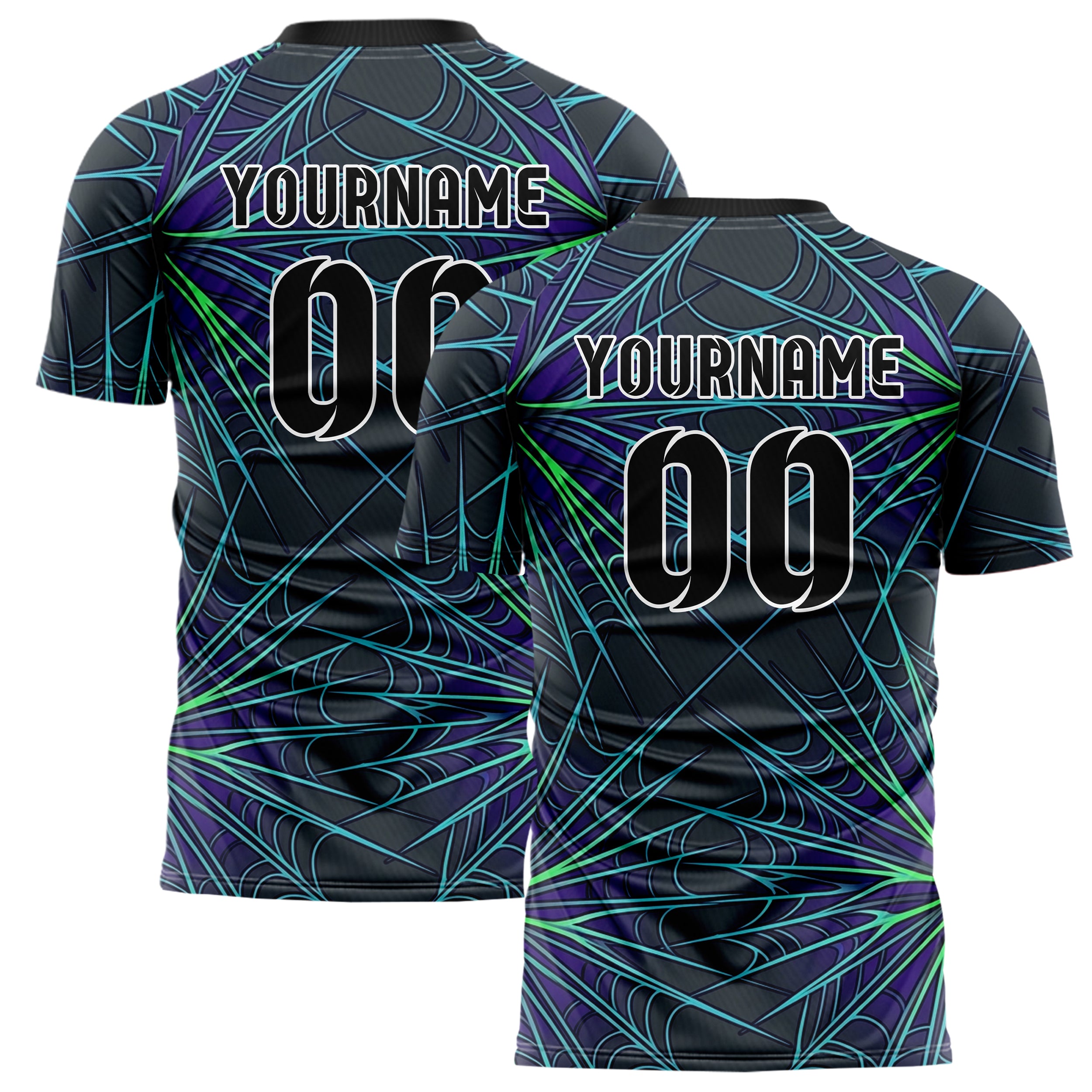Graphite Violet Cyan Green Biomechanical Canopy Grid Custom Soccer Jersey