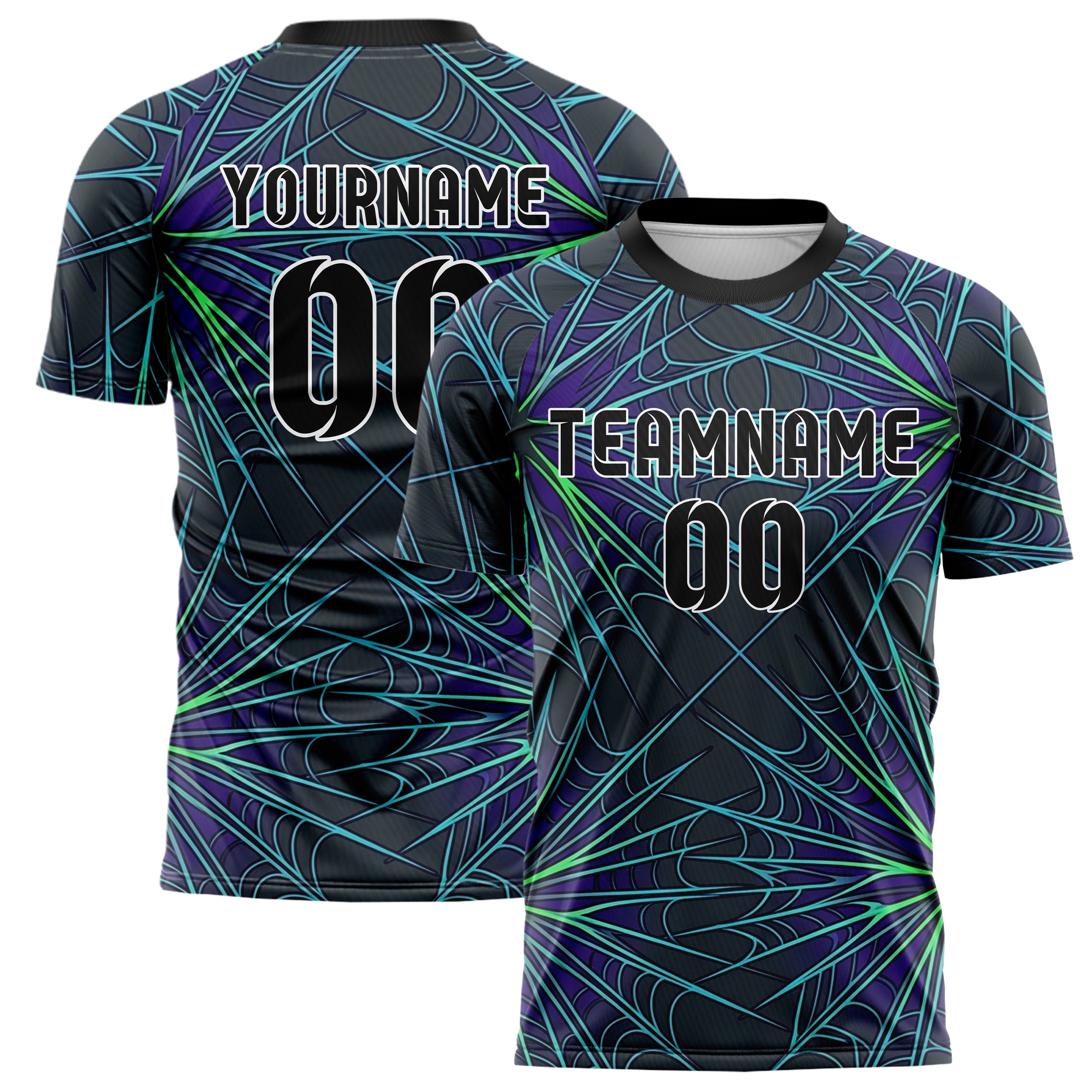Graphite Violet Cyan Green Biomechanical Canopy Grid Custom Soccer Jersey
