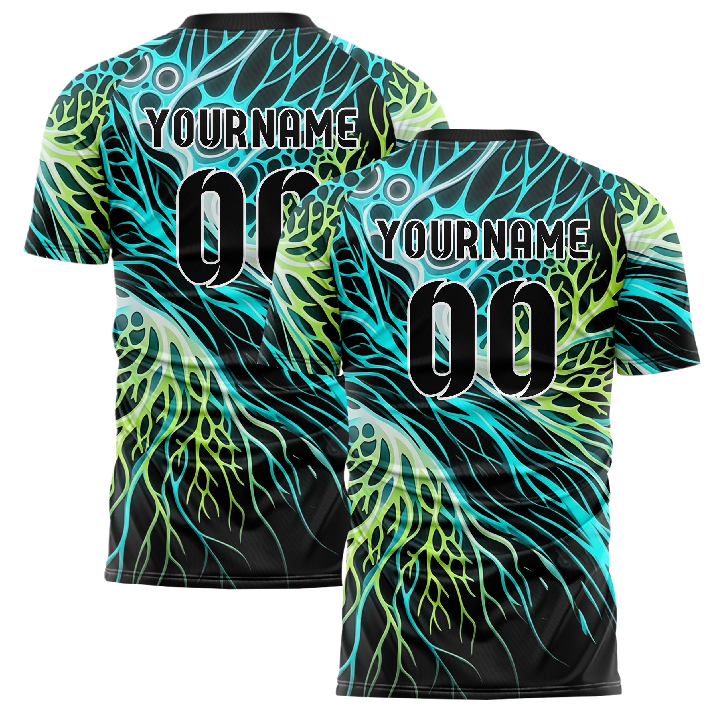 Black Cyan Lime White Bioluminescent Cell Burst Custom Soccer Jersey